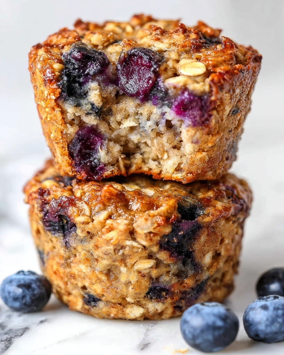 The image shows two stacked oatmeal muffins with visible oats and dark purple blueberries baked inside. The bottom muffin is whole, while the top muffin has a bite taken from it, revealing a soft, moist interior with blueberries spread throughout. The muffins have a golden-brown color with slightly darker spots where the oats and blueberries are more baked. Around the muffins, there are a few loose blueberries scattered on a white marbled surface. The texture of the muffins looks chewy and dense with a rough oat top layer. Photo taken with an iphone --ar 4:5 --v 7