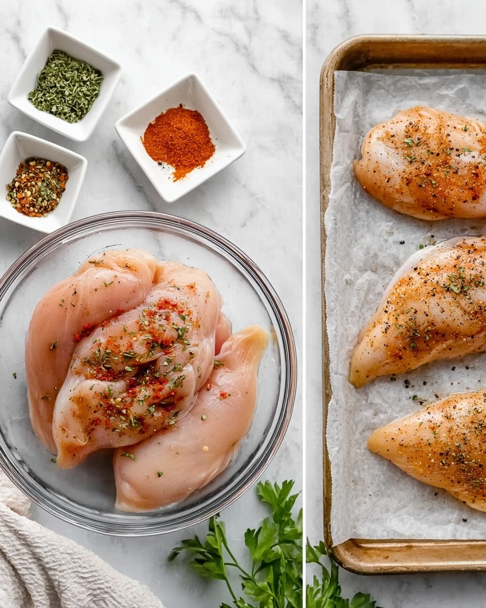 The image on the left shows a clear glass bowl on a white marbled surface, filled with three raw chicken fillets stacked slightly on each other. The top fillet is sprinkled with different spices in small piles, including red, orange, and green shades. Around the bowl are three small white square bowls with green, orange, and red spices and a white textured cloth partially visible in the bottom left corner, with fresh green parsley in the bottom right. The image on the right shows a baking tray with white parchment paper on top, holding four seasoned raw chicken fillets placed side by side in two rows. Each fillet has a light orange and black pepper seasoning, giving a slightly speckled look. The background and surface under the tray are white marbled texture. Photo taken with an iphone --ar 4:5 --v 7