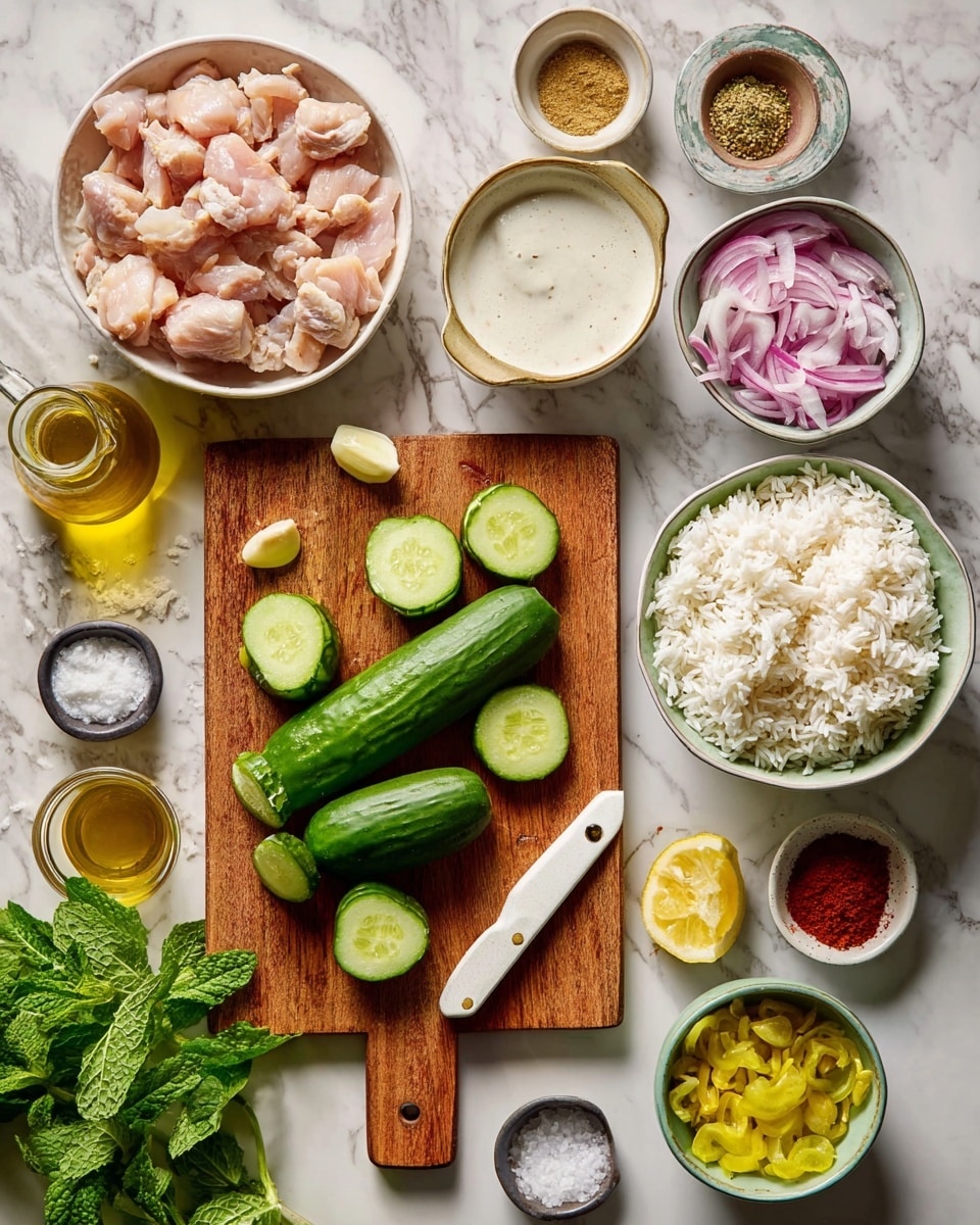The image shows a wooden cutting board placed on a white marbled surface. On the board are five small green cucumbers, with one sliced into thin round pieces near the top, next to a small knife with a white handle. Surrounding the cutting board are several white bowls containing different ingredients: one with chopped raw chicken pieces in the top left, one with white cooked rice below it, a bowl of creamy white sauce to the right, and smaller bowls with red onion slices, garlic cloves, various spices, lemon halves, a jar of light brown sauce, and diced yellow pickles. There are fresh green mint leaves near the bottom left side, and a small glass bottle of golden olive oil placed near the top center. Photo taken with an iphone --ar 4:5 --v 7