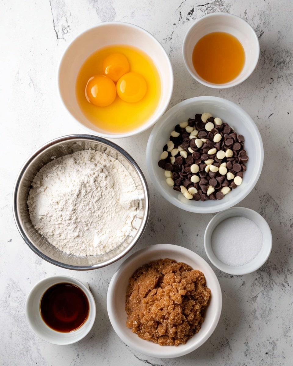 This image shows seven bowls with baking ingredients on a white marbled surface. At the top right, a white bowl holds dark brown and white chocolate chips mixed together. Next to it, a white bowl contains a smooth bright orange-yellow liquid. On the left, a white bowl holds two raw eggs with yellow yolks visible in clear egg whites. Below these, a stainless steel bowl contains white flour piled in the center. Next to it, a small white bowl contains a dark brown liquid, while a smaller white bowl nearby holds white granulated salt. At the bottom, a white bowl is filled with light to dark brown packed sugar with a crumbly texture. Photo taken with an iphone --ar 4:5 --v 7