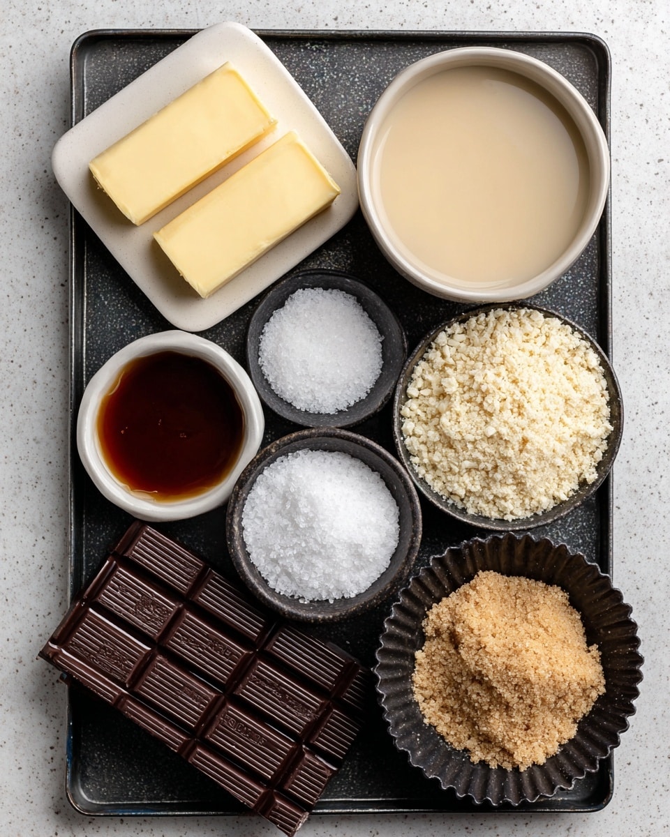 The image shows a black textured metal tray on a white marbled texture background holding seven separate ingredients. In the top left corner, there is a white square plate with three thick pale yellow sticks of vegan butter stacked side by side. To the right, a small white round bowl is filled with smooth, light beige vegan sweetened condensed milk. Below the butter, a small white round bowl contains dark amber vanilla liquid. Next to that, a black scalloped round dish holds finely ground almonds that appear light beige and sandy. Below the almonds, a small white round bowl has fine white granulated sugar, and a similar bowl next to it contains coarse white salt crystals. Finally, in the bottom right, a black scalloped dish is filled with brown sugar that looks moist and clumpy. In the bottom left corner, a dark brown vegan chocolate bar with a grid pattern is placed flat on the tray. photo taken with an iphone --ar 4:5 --v 7