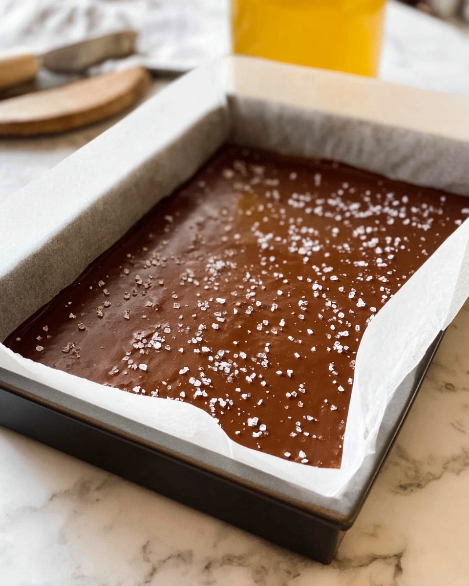 The image shows a rectangular dessert in a baking pan lined with white parchment paper. The dessert has a thick, smooth top layer of shiny milk chocolate sprinkled with coarse white salt grains evenly spread over the surface. The pan sits on a white marbled surface with a blurred yellow jar or container in the background. photo taken with an iphone --ar 4:5 --v 7