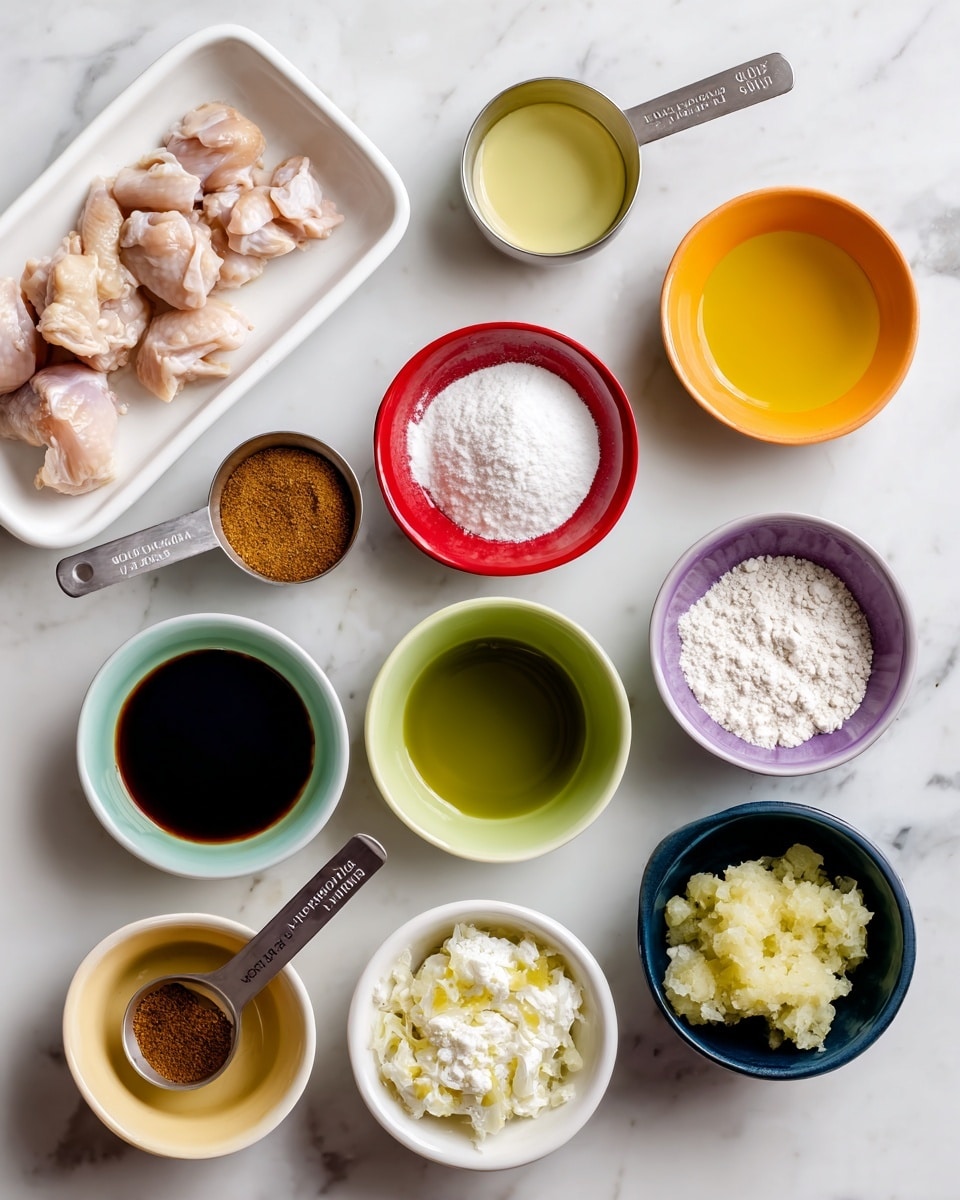 A white tray with raw chicken sits in the top left corner of a white marble surface. Around it are small white bowls and a metal measuring cup holding different ingredients: a light brown powder in an orange bowl labeled garlic powder at the top right, a pale yellow liquid in a white bowl labeled olive oil near the middle left, a bright red bowl filled with white cornstarch and a purple bowl with less cornstarch at the top right, a yellow bowl with minced garlic in the middle right, a green bowl with dark soy sauce in the center, a metal measuring cup filled with brown sugar at middle left, a white bowl with clear rice vinegar lower left, a white bowl with pale mirin below the center, and a dark blue bowl with mashed ginger at bottom right. All items are spaced out on the smooth white marbled surface. Photo taken with an iphone --ar 4:5 --v 7