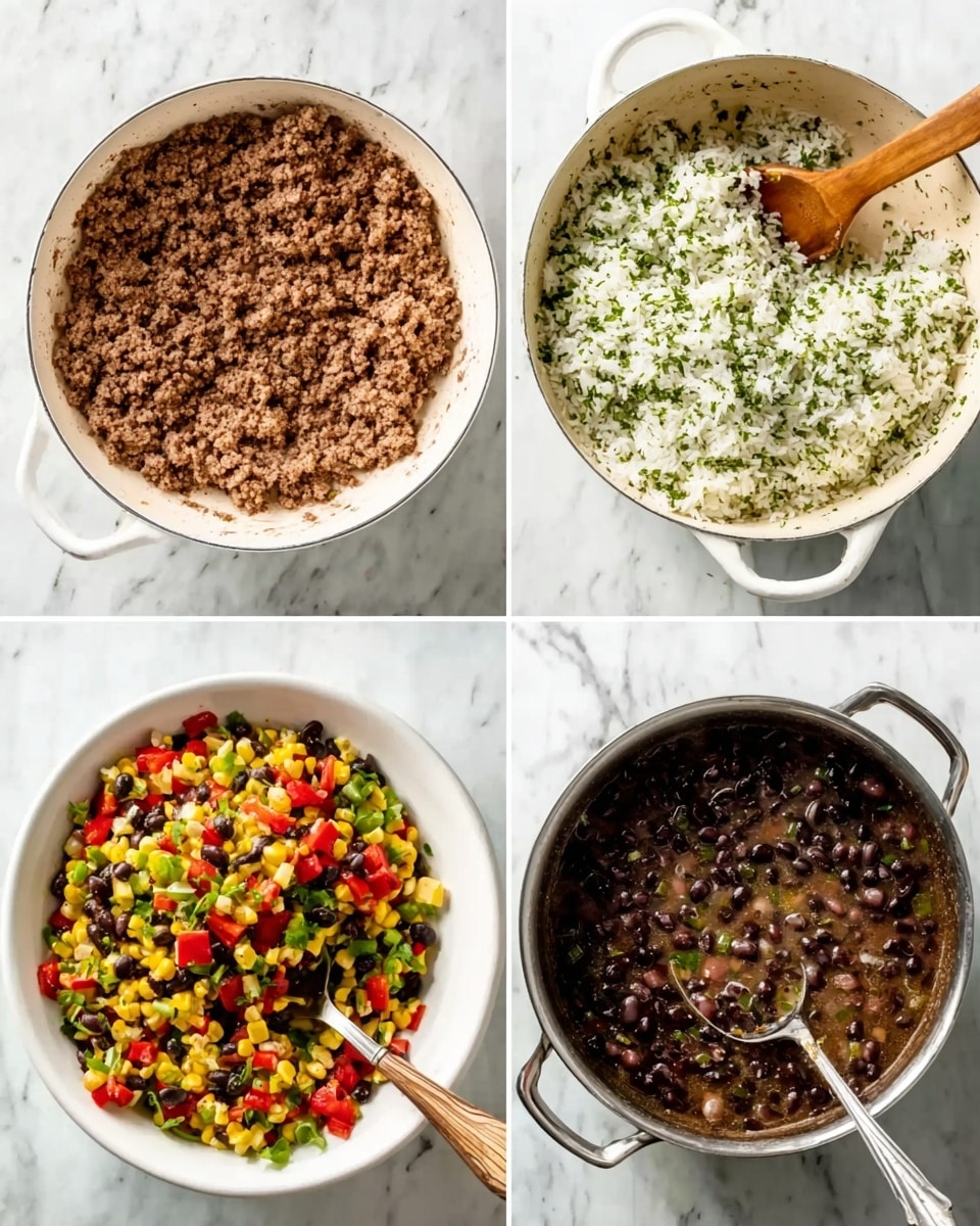 The image shows four white bowls or pans with different food mixtures on a white marbled surface background. The top-left is a white pan filled with a thin layer of browned ground meat. The top-right is a white pan with a thick layer of white rice mixed with green herbs, with a wooden spoon resting in it. The bottom-left shows a white bowl filled with a colorful vegetable salad made of yellow corn, red bell peppers, green onions, and black beans, with a spoon inside it and a woman's hand holding the bowl. The bottom-right is a silver pot containing a dark black bean soup with some visible whole black beans, and a large spoon resting inside it. Photo taken with an iphone --ar 4:5 --v 7
