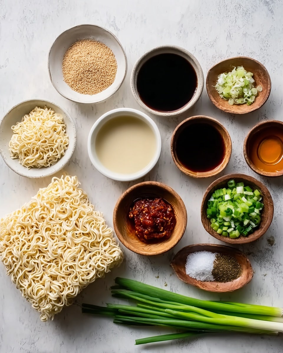 The image shows two blocks of uncooked ramen noodles on a white marbled surface next to various small round wooden and white bowls filled with different sauces and ingredients. From left to right, there is a light brown powder in a white bowl, minced garlic in a wooden bowl, a dark soy sauce in a white bowl, a light creamy sauce in a white bowl, brown sugar in a wooden bowl, chopped green onions in a wooden bowl, red chili paste in a black bowl, minced ginger in a wooden bowl, a shiny amber liquid in a wooden bowl, and a mix of salt and pepper in a wooden bowl. On the far right, there are five green fresh scallions with white roots placed diagonally on the surface. photo taken with an iphone --ar 4:5 --v 7