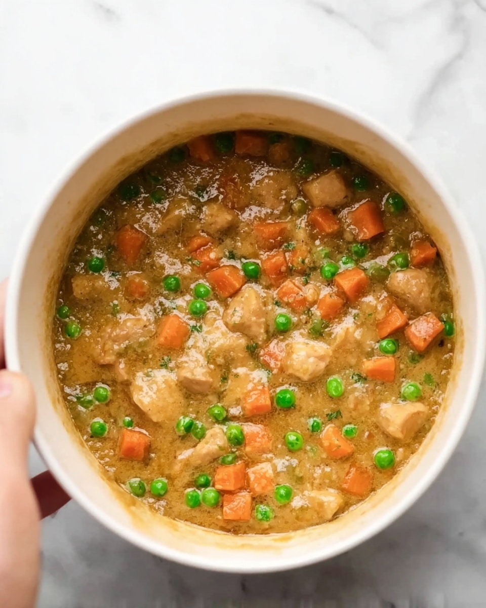 A white bowl filled with a thick stew made of light brown chicken pieces, small bright orange carrot cubes, and green peas scattered throughout the dish. The stew looks creamy with visible chunks and a smooth texture. The bowl sits on a white marbled surface, and a woman's hand is seen holding the side of the bowl. The image is bright and clear, showing the colors and textures well. photo taken with an iphone --ar 4:5 --v 7