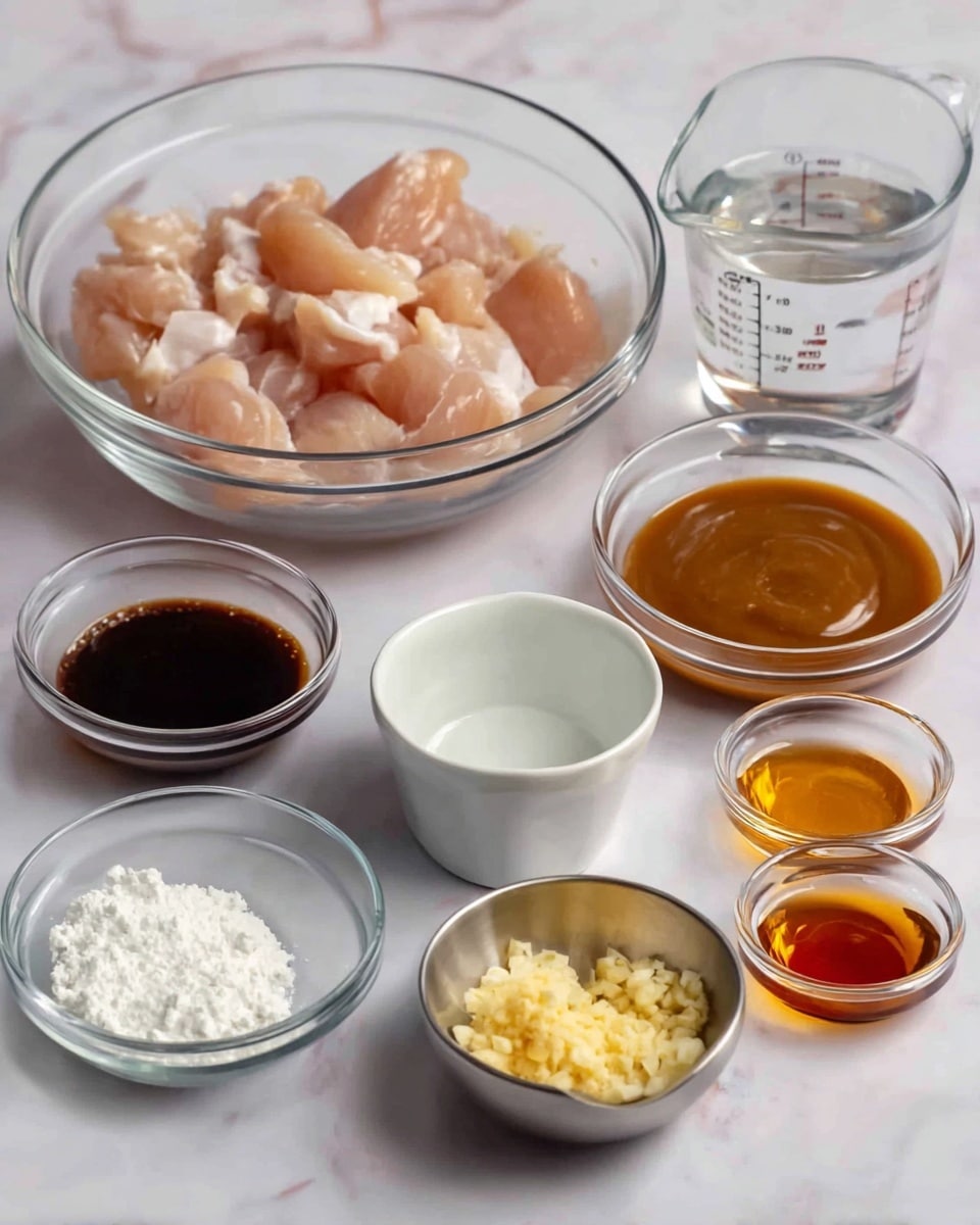 The image shows several clear and white bowls arranged on a white marbled surface. At the back, a large clear bowl holds many pieces of raw light pink chicken. To the right is a small white bowl filled with a thick, tan-colored sauce, and behind that is a clear measuring cup with a small amount of clear liquid. In front are two medium clear bowls, one with dark brown thick sauce and the other with dark brown thin sauce. Near the front left is a small white bowl with white powder, and next to it on the right is a small metal bowl with minced light yellow garlic. There are also two small clear measuring cups containing small amounts of amber and clear liquids. Photo taken with an iphone --ar 4:5 --v 7