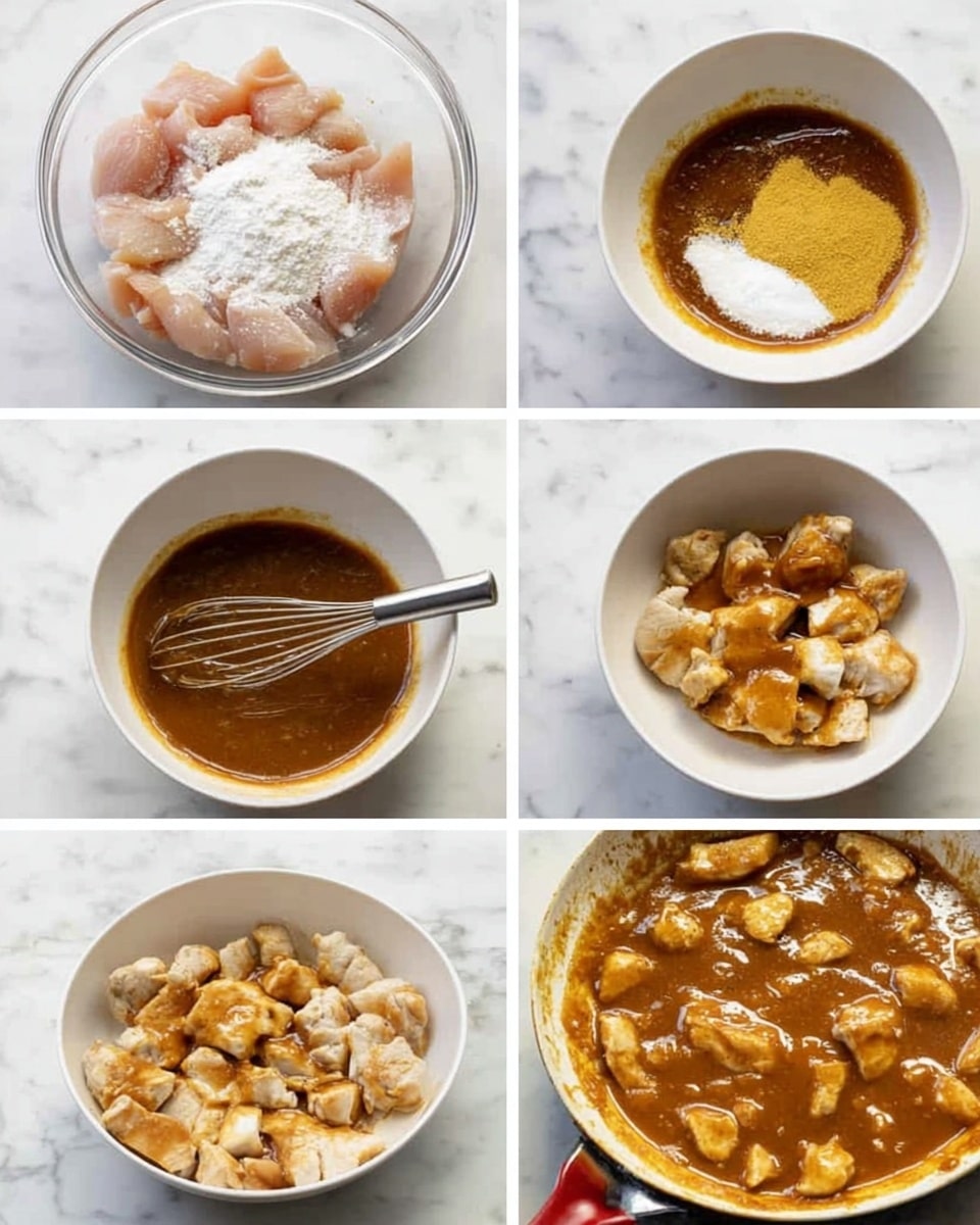 A collage of six images showing steps of cooking a chicken dish. The first image shows raw pieces of chicken in a clear glass bowl with a pile of white powder on top, placed on a white marbled surface. The second image shows a different white bowl with a mix of dark brown sauce and a dollop of yellow mustard-like paste, with a whisk on the side. The third image displays the sauce mixed and smooth in the same white bowl with the whisk resting inside. The fourth image shows small pieces of chicken cooking on a pan with light browning on some pieces. The fifth image shows the chicken pieces in the pan simmering with a thickening brown sauce. The sixth image displays the chicken fully cooked and covered in a thick, shiny brown sauce in the pan. Photo taken with an iphone --ar 4:5 --v 7