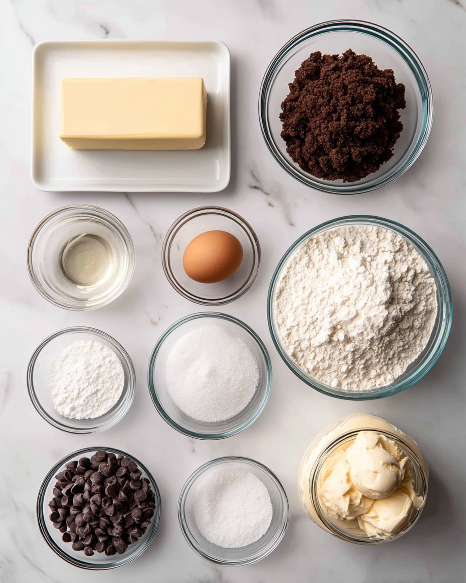 The image shows ten clear glass bowls and one white square plate arranged neatly on a white marbled surface. The top left has a white square plate holding a rectangular stick of pale yellow butter. To the right is a glass bowl filled with tightly packed dark brown sugar with a crumbly texture. Below the butter plate is a small glass bowl holding clear vanilla extract. Next to it is a glass bowl with a single brown egg. Moving to the right side, there is a large glass bowl filled with white flour with a powdery texture. Underneath the vanilla extract and egg, three smaller bowls are lined up: the left has white baking powder, the middle has fine white salt, and the right has white baking soda. Below the three small bowls is a medium glass bowl full of dark brown chocolate chips, small and round. At the bottom right corner, there is a glass jar filled with creamy pale beige vanilla ice cream. All items are shown clearly from above on the white marbled surface photo taken with an iphone --ar 4:5 --v 7