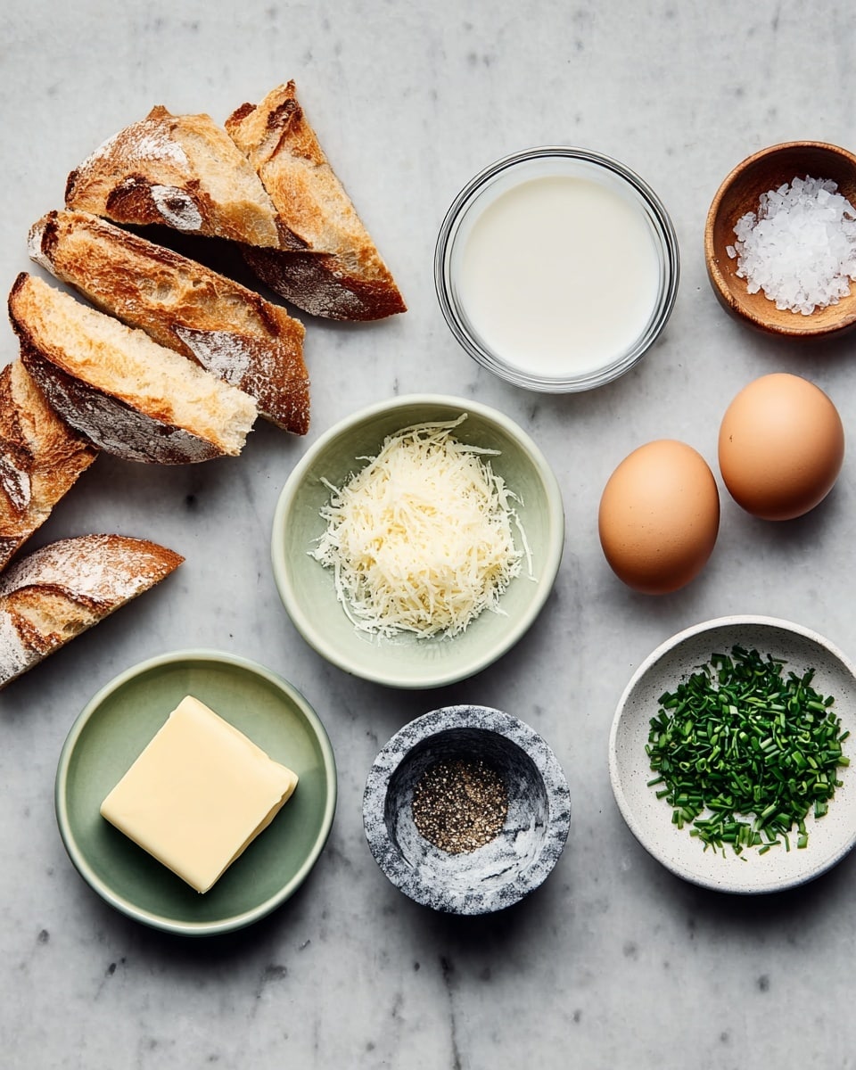 The image shows a neat arrangement of ingredients on a white marbled surface. On the left, there are five pieces of crusty bread with a golden-brown crust and a soft inside, placed in a scattered pile. Next to the bread, there is a small clear glass bowl filled with a white liquid, possibly cream. Below the glass bowl, a small white bowl holds a square piece of light yellow butter. To the right of the bowl with butter, there are two smooth, brown eggs placed side by side. Above these eggs, a light green bowl contains a small pile of white grated cheese with a soft texture. Next to this bowl, a small wooden bowl holds a mixture of cracked black pepper. Below the pepper, a small round gray and white marble bowl contains coarse white salt crystals. To the right of the salt, a small white bowl has finely chopped green herbs, possibly chives. The overall look is clean and organized, with natural colors and textures standing out on the white marbled surface. photo taken with an iphone --ar 4:5 --v 7