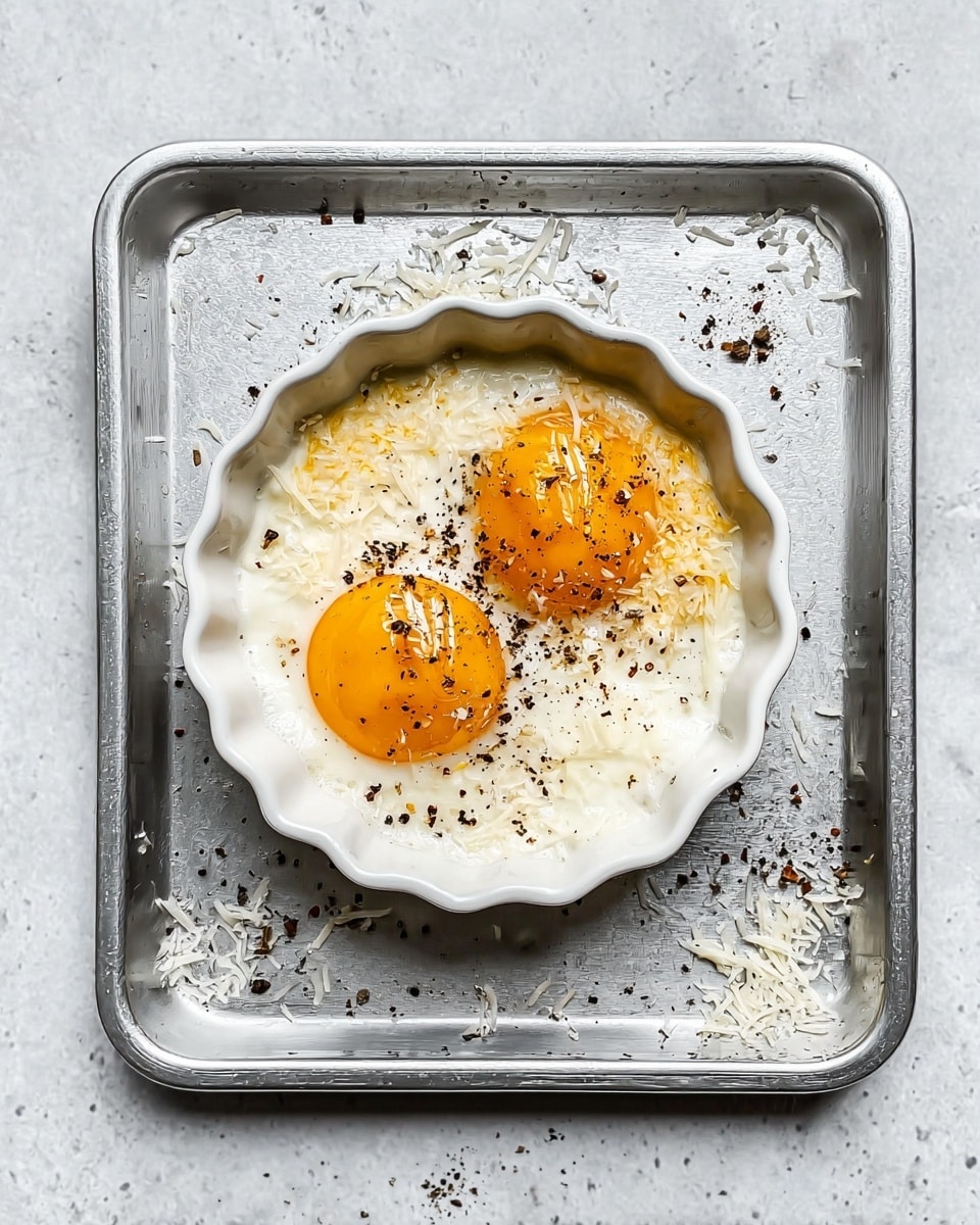 The image shows a white round fluted dish containing two sunny egg yolks resting on a bed of soft, white cooked egg whites. The whites have a smooth texture with some sprinkled shredded cheese on top, adding a slightly rough look around the yolks. Coarse black pepper is scattered over the eggs, giving small black specks across the surface. The dish sits in the middle of a silver metal tray, which has some stray bits of cheese and pepper flakes scattered on it. The background beneath the tray is a white marbled texture. photo taken with an iphone --ar 4:5 --v 7
