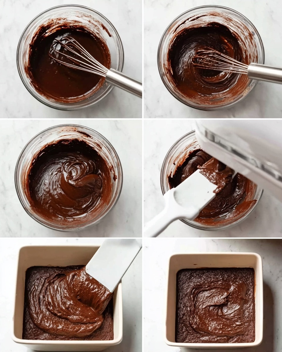The image shows a sequence of six steps for making chocolate batter. The first photo displays a clear glass bowl with glossy dark brown chocolate being stirred using a metal whisk over a white marbled surface. The second and third photos show an electric mixer blending the thick, shiny chocolate mixture in the same clear bowl, with the batter becoming smoother and more textured. The fourth photo has a white spatula scraping the thick, glossy chocolate batter inside the bowl. The last two photos show the chocolate batter being spread inside a square white pan; the batter is rich, dense, and dark brown, with smooth and creamy texture, on a white marbled surface. Photo taken with an iphone --ar 4:5 --v 7