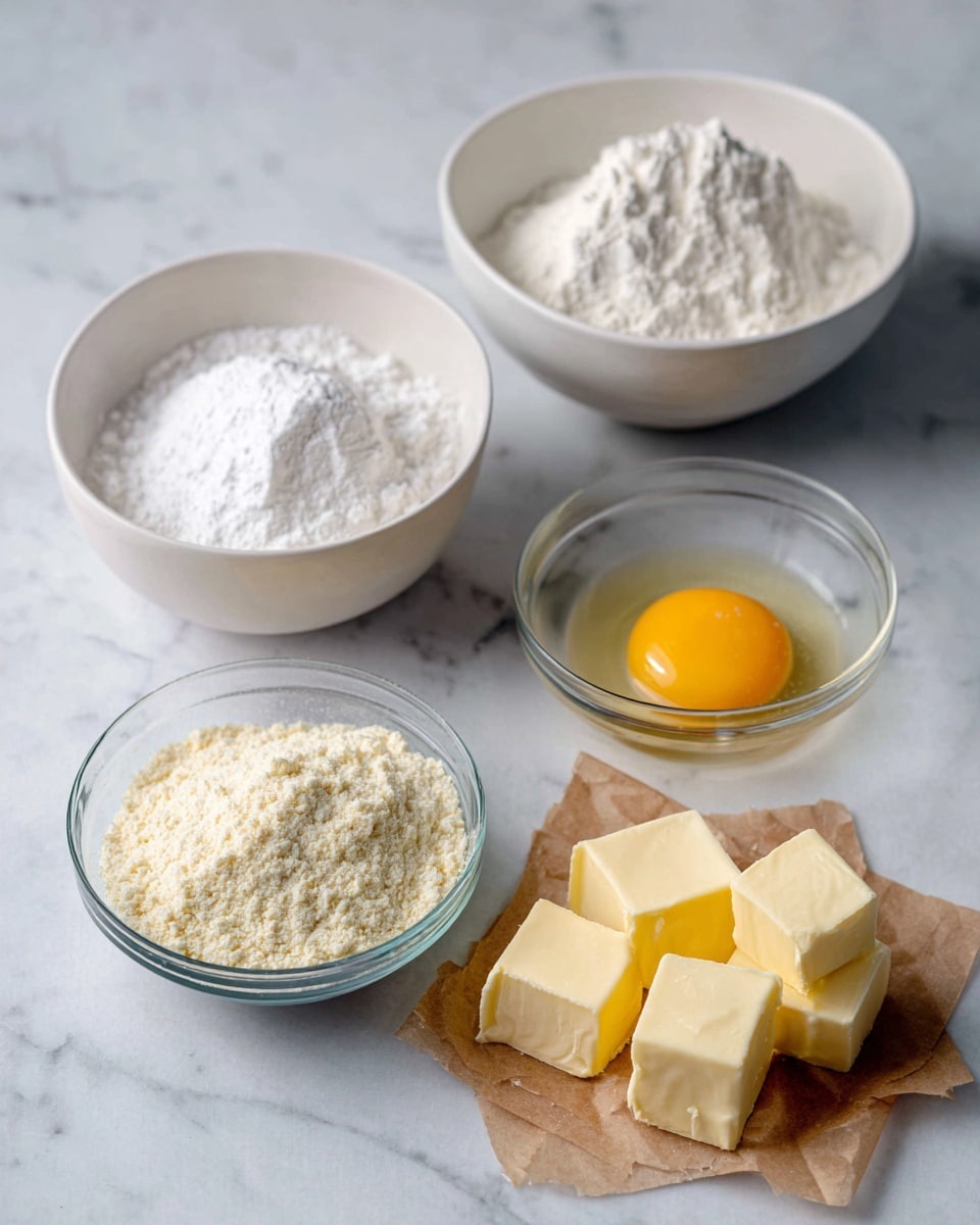 The image shows five ingredients arranged on a white marbled surface. Two white bowls at the back hold white powders: one labeled icing sugar with a smooth fluffy texture, and the other labeled pastry flour & salt with a fine, slightly grainy look. In front of these, there is a small clear glass bowl with a raw egg, showing a yellow yolk sitting in the transparent egg white. On the left side in front is another small clear glass bowl filled with pale beige almond flour that looks fine and powdery. To the right, there are evenly sized cubes of pale yellow unsalted butter placed on a small piece of brown parchment paper. The setting is neat and simple, with soft lighting that highlights the textures and colors of the ingredients. photo taken with an iphone --ar 4:5 --v 7
