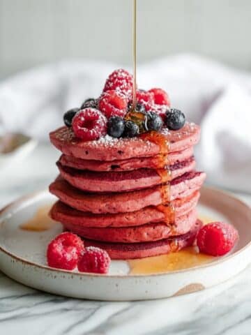 Pink Beet Pancakes with Berries and Maple Syrup Recipe