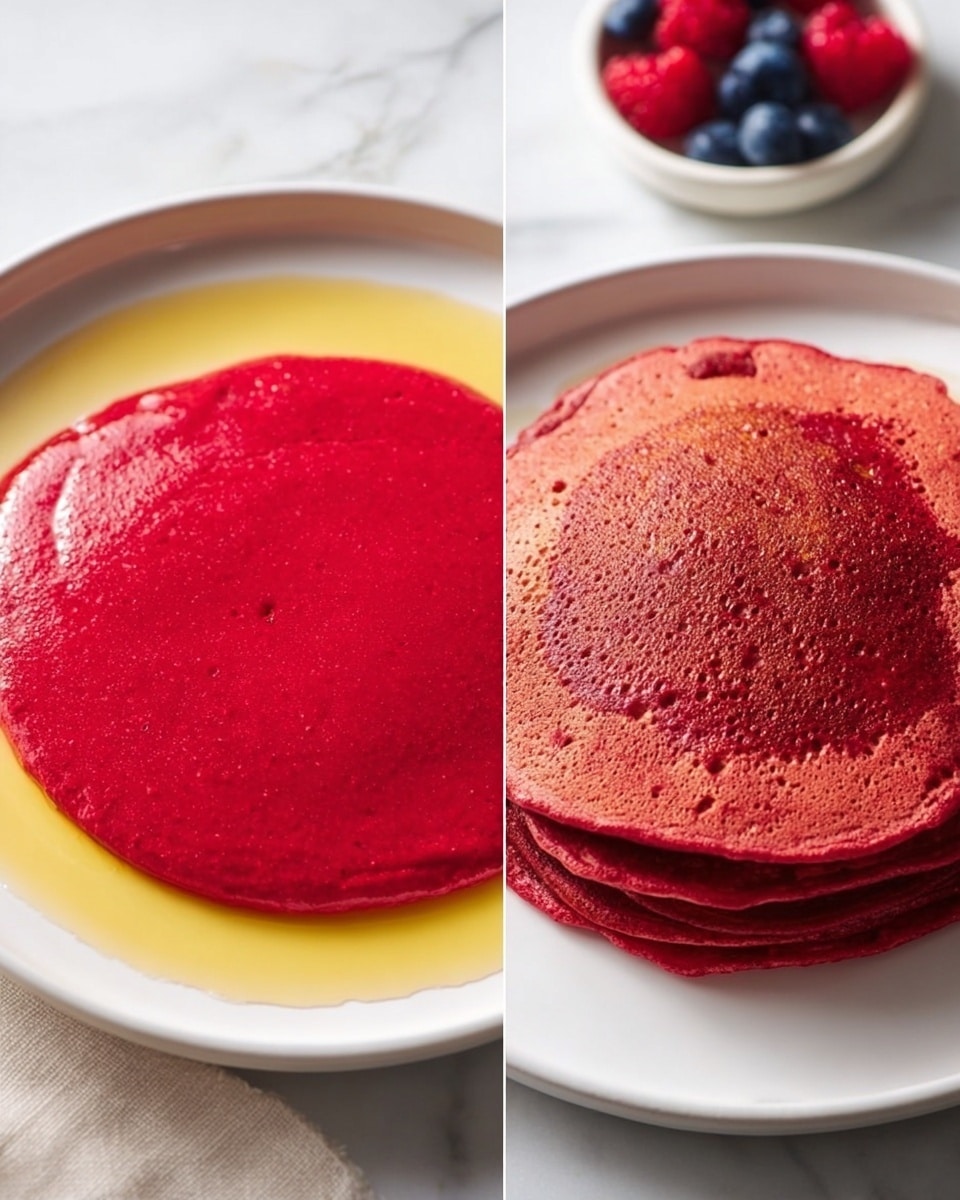 The image shows two close-up views of a red pancake dish on a white plate placed on a white marbled surface. On the left, a bright red pancake batter spreads in an even, round shape in the middle of the plate, surrounded by melted yellow butter around the edges. On the right, there is a stack of red pancakes, about six layers high, with a slightly rough and bubbly texture on top, showing some darker spots and a few lighter pink areas. In the background, there is a small white bowl with fresh blueberries and raspberries slightly out of focus. The light is soft, highlighting the rich colors and textures clearly. photo taken with an iphone --ar 4:5 --v 7