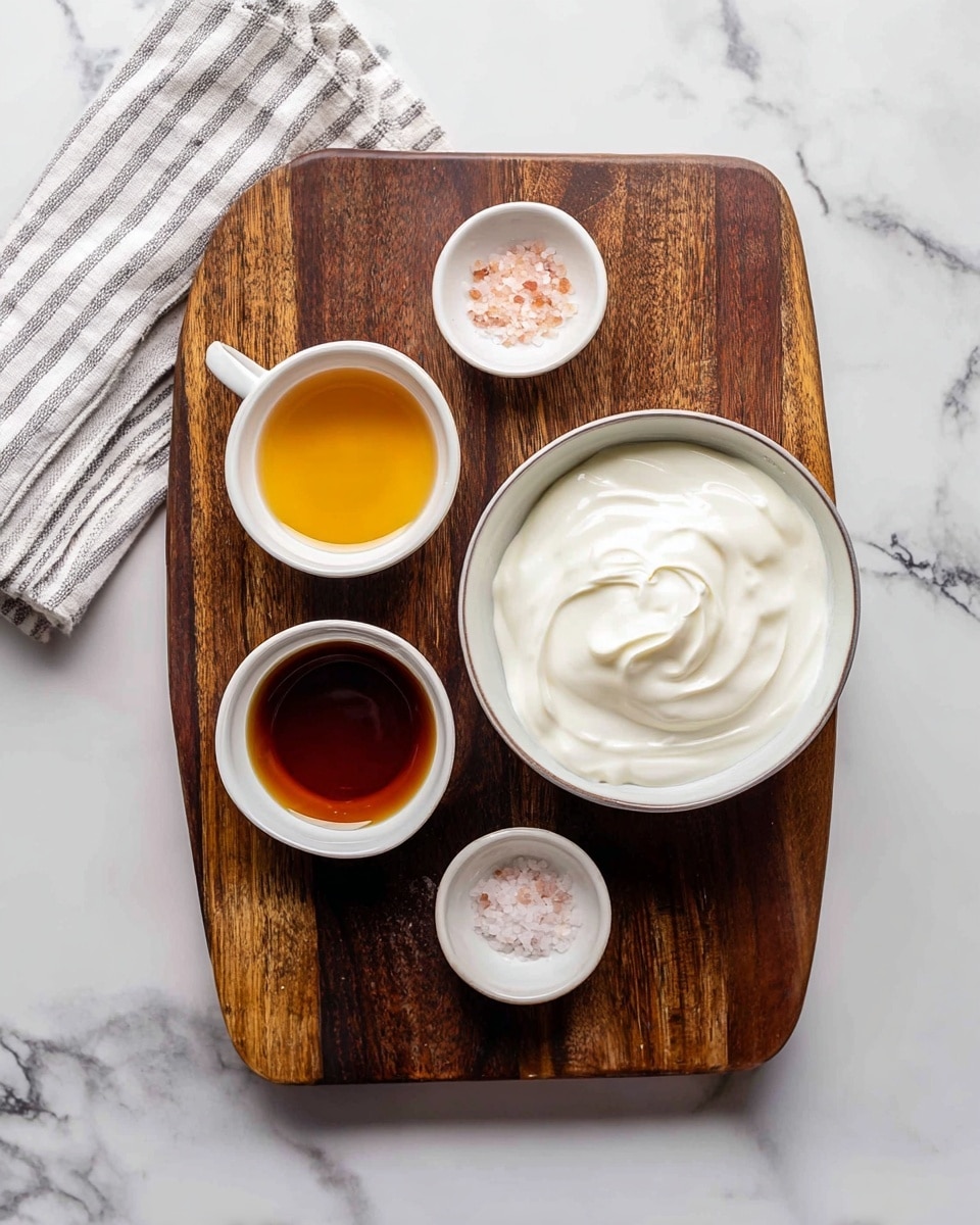 The image shows a dark wooden chopping board with four small white bowls placed on it, all on a white marbled surface. The biggest bowl is filled with thick, creamy white coconut milk with soft swirls on top, positioned on the right side. Below and to the left of it, a small bowl holds dark amber maple syrup, smooth and shiny. Above this, a small bowl contains golden-yellow vanilla liquid, clear and bright. Next to the vanilla bowl on the left, another small bowl has a small amount of pinkish sea salt with a slightly grainy texture. A striped white and gray cloth is placed to the left side near the chopping board. photo taken with an iphone --ar 4:5 --v 7