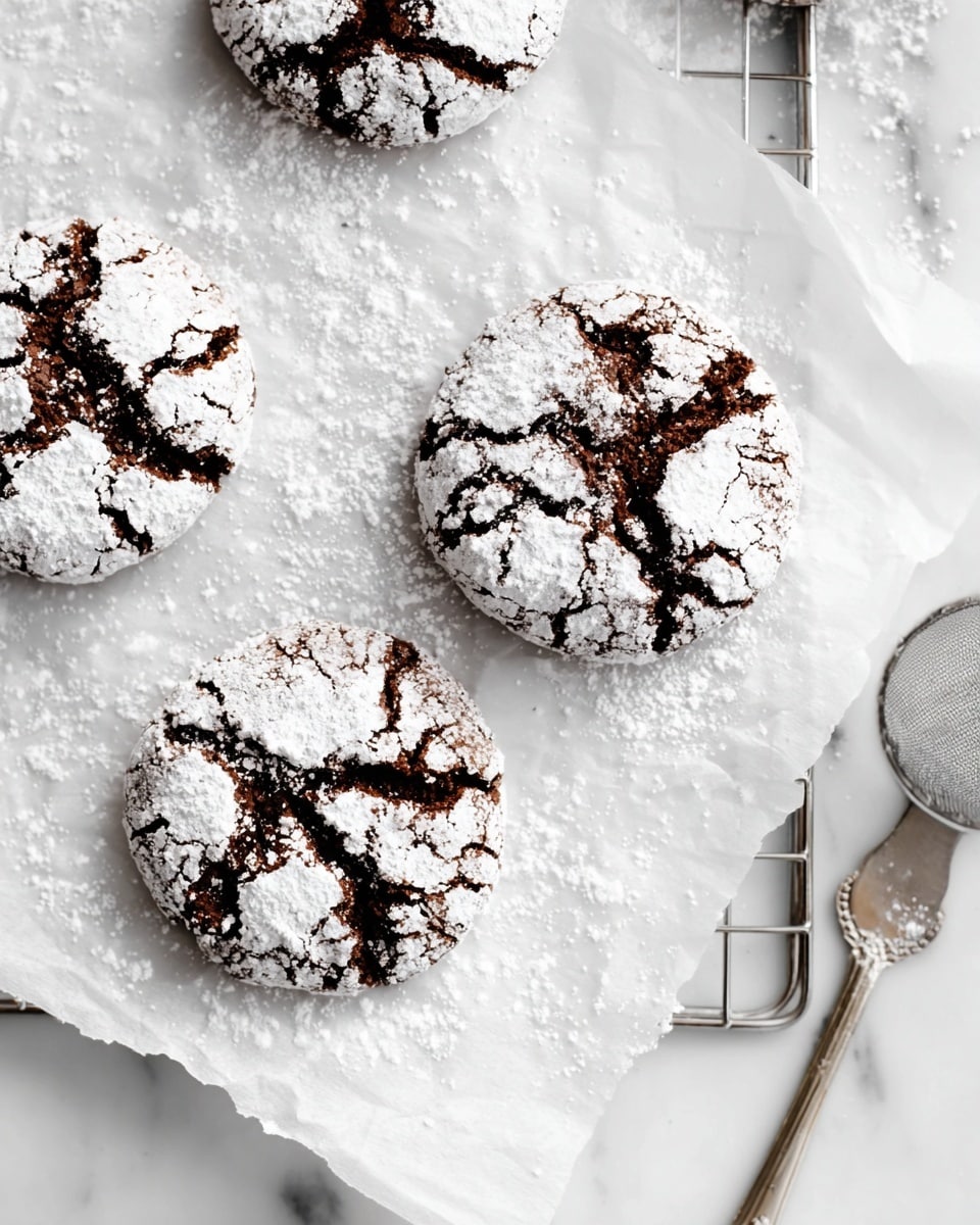 Four round chocolate cookies are shown resting on white parchment paper on a metal cooling rack over a white marbled surface. Each cookie has a cracked surface covered with a thick layer of white powdered sugar that highlights the dark brown chocolate underneath through the cracks. The powdered sugar is lightly scattered on the parchment paper, adding texture. A part of a silver metal utensil is visible on the right side of the image. The overall look is bright and clean with soft natural light. Photo taken with an iphone --ar 4:5 --v 7