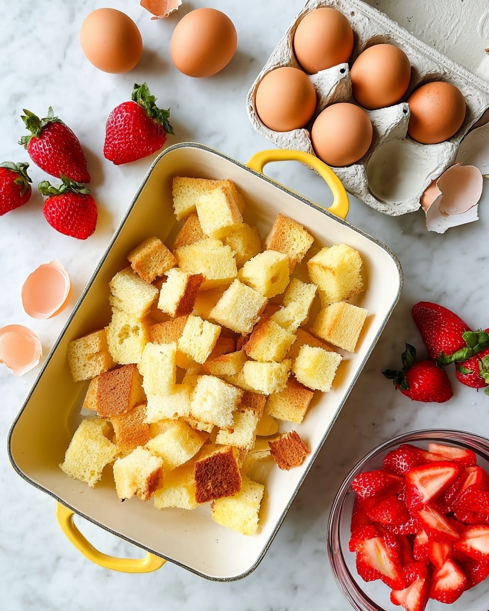 A white square pan with yellow handles holds many small cubes of light yellow bread with golden brown edges, scattered inside. To the left of the pan on a white marbled surface, there are several bright red strawberries with green leaves. Below the pan, an open egg carton shows six brown eggs along with two cracked egg shells placed nearby. On the bottom right, a clear glass bowl full of sliced red strawberries sits on the same white marbled surface. Photo taken with an iphone --ar 4:5 --v 7