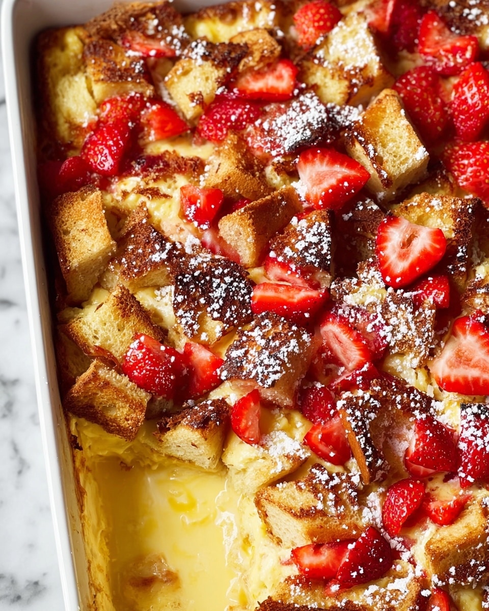 A close-up view of a baked dish in a white rectangular pan showing three visible layers: the bottom layer is a creamy yellow custard base, the middle layer consists of toasted golden brown bread cubes with crisp edges, and the top layer is generously sprinkled with fresh bright red strawberry pieces scattered all over, dusted lightly with white powdered sugar. The bread cubes have a rough texture with darker browned spots, and the strawberries are cut into small halves and quarters, adding vivid red color contrast. The pan is placed on a white marbled surface, and part of the dish has been scooped out from the left side, revealing the layers clearly. Photo taken with an iphone --ar 4:5 --v 7
