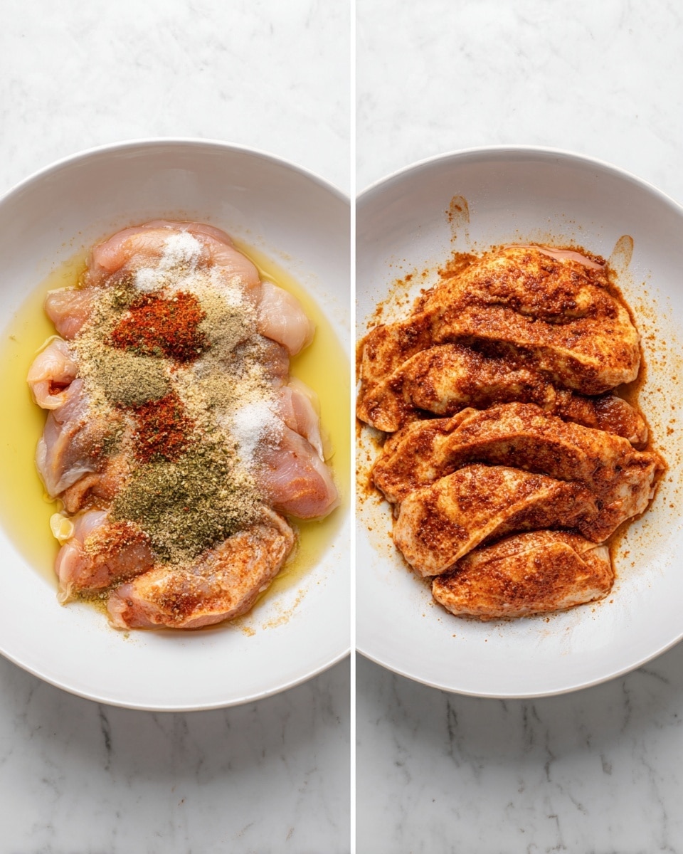 The image on the left shows raw chicken pieces lying flat in a white plate with a layer of light yellow oil beneath them. On top of the chicken, there are several layers of dry spices: a pale beige powder, a sprinkle of green-colored herbs, a touch of red spice, and a white layer that looks like salt or garlic powder. The plate sits on a white marbled surface. The image on the right shows the same white plate on the same white marbled surface, but now the chicken is fully coated in a thick, reddish-brown spice paste that covers each piece evenly, with some spice paste smudged around the sides on the plate. photo taken with an iphone --ar 4:5 --v 7