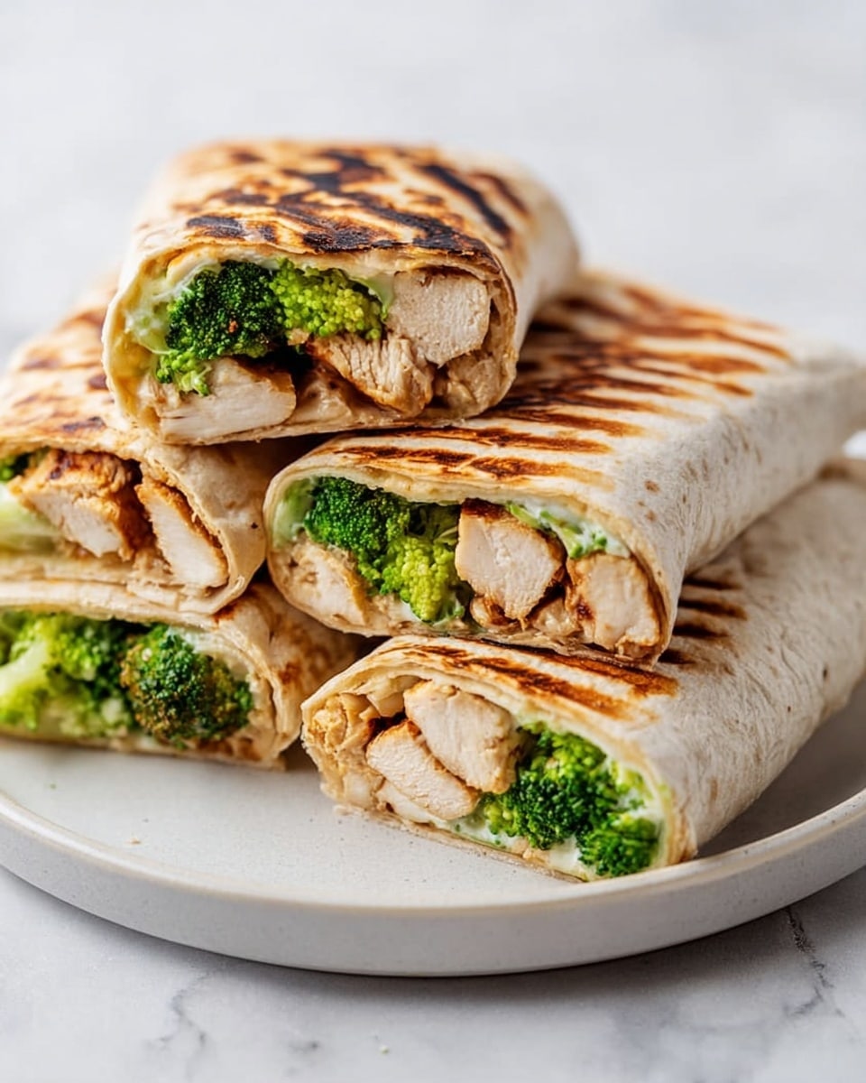 A stack of four wrap pieces is shown, each cut open to show the inside layers. Each wrap is light golden brown and slightly toasted, forming a soft outer layer. Inside, there are thick slices of white cooked chicken layered closely with bright green broccoli florets with some texture on top. The wraps are stacked unevenly on a white plate, with a white marbled surface in the background. The broccoli pieces are fresh and juicy, contrasting with the smooth and firm chicken. The photo taken with an iphone --ar 4:5 --v 7