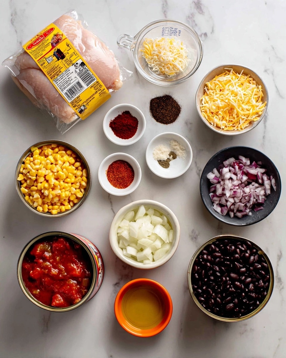 The image shows various ingredients laid out on a white marbled surface. At the top left, there is a package of raw chicken with a yellow label. To the right, a clear measuring cup holds shredded Mexican cheese. Small white bowls with spices are arranged in the middle: one with dark red smoked paprika, another with chili powder, and a third with garlic powder. Below, an open can of bright yellow corn and a separate bowl of white chopped onions sit near each other. Next to them is an open can of black beans with dark beans visible inside. Toward the left side, there is a partially opened can of Rotel tomatoes with red tomato chunks. In the center, a small orange bowl holds olive oil. All items are neatly spaced, and the overall look is clean and organized. photo taken with an iphone --ar 4:5 --v 7