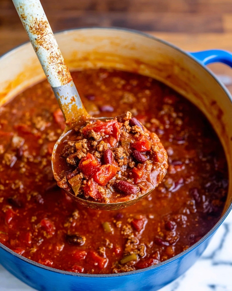 A close-up view of a large blue pot filled with thick chili, showing rich red tomato pieces, dark brown ground meat, and various beans in a thick reddish-brown sauce with visible spices and small vegetable chunks. A ladle with a worn cream and dark handle is held above the pot, scooping up a full serving of chili with a chunky texture and vibrant colors. The pot rests on a wooden surface with a white marbled texture visible around it. Photo taken with an iphone --ar 4:5 --v 7