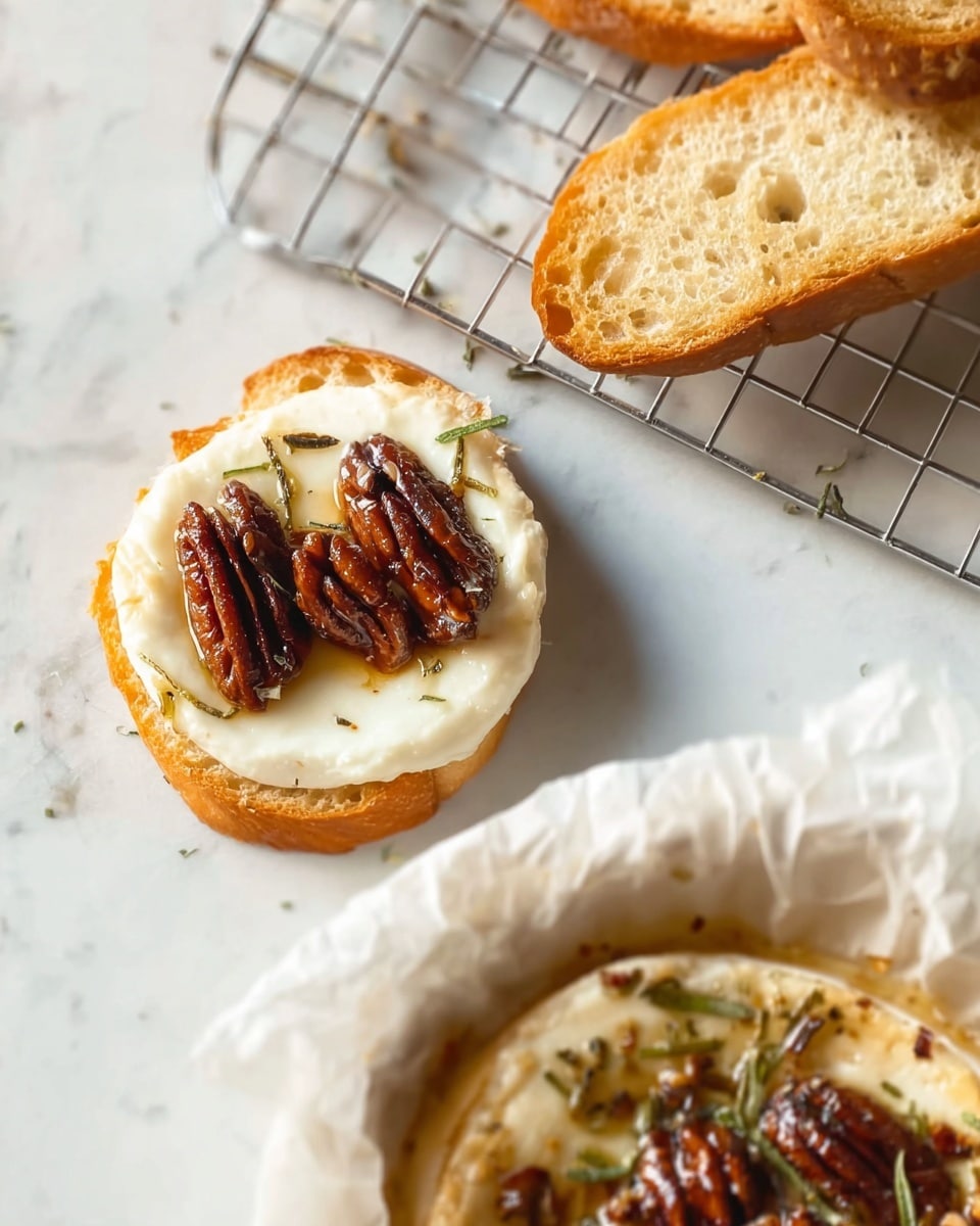 The image shows a toasted round bread slice with a golden brown crust and light, airy inside placed on a white marbled surface next to a silver cooling rack holding two more slices. On top of the bread is a creamy white layer of soft cheese, topped with two caramelized brown pecans that add texture and richness. At the bottom edge, you can see a white plate lined with crinkled parchment paper holding a baked, slightly browned round cheese with some green herb sprinkles and extra pecans. photo taken with an iphone --ar 4:5 --v 7