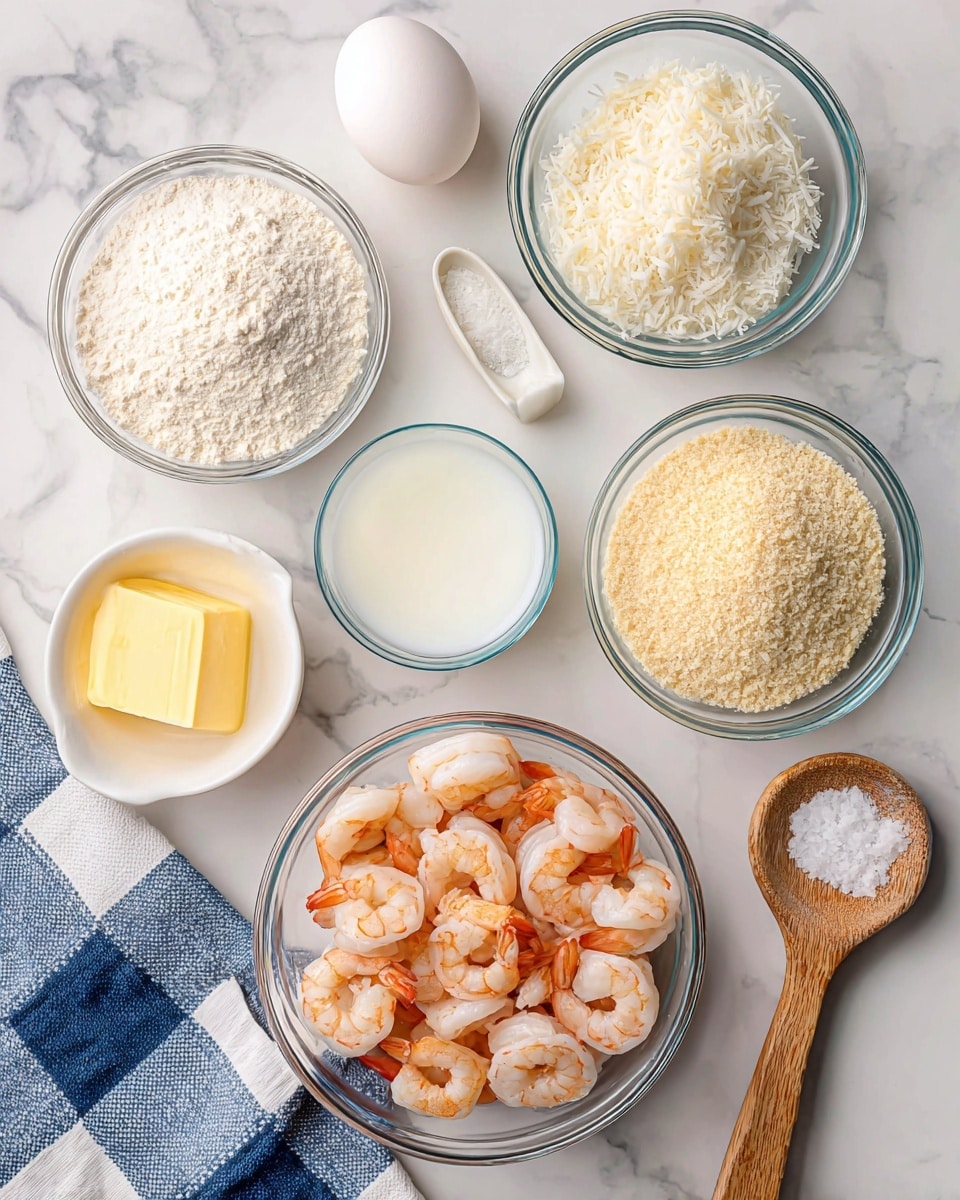 The image shows seven glass and wooden containers placed on a white marbled surface with a blue and white checkered cloth on the bottom left corner. In the center, there is a clear glass bowl filled with pink cooked shrimp with tails on. Above the shrimp bowl are two glass bowls, one on the left filled with off-white shredded coconut and one on the right filled with light beige panko breadcrumbs. To the left of the shrimp is a small glass bowl containing white flour, and above it, a smaller glass bowl with white milk. Below the shrimp is a white egg resting on the surface. To the right of the shrimp, there is a small white bowl with melted yellow butter and next to it, a wooden spoon with white salt. The arrangement is neat and evenly spaced. Photo taken with an iphone --ar 4:5 --v 7