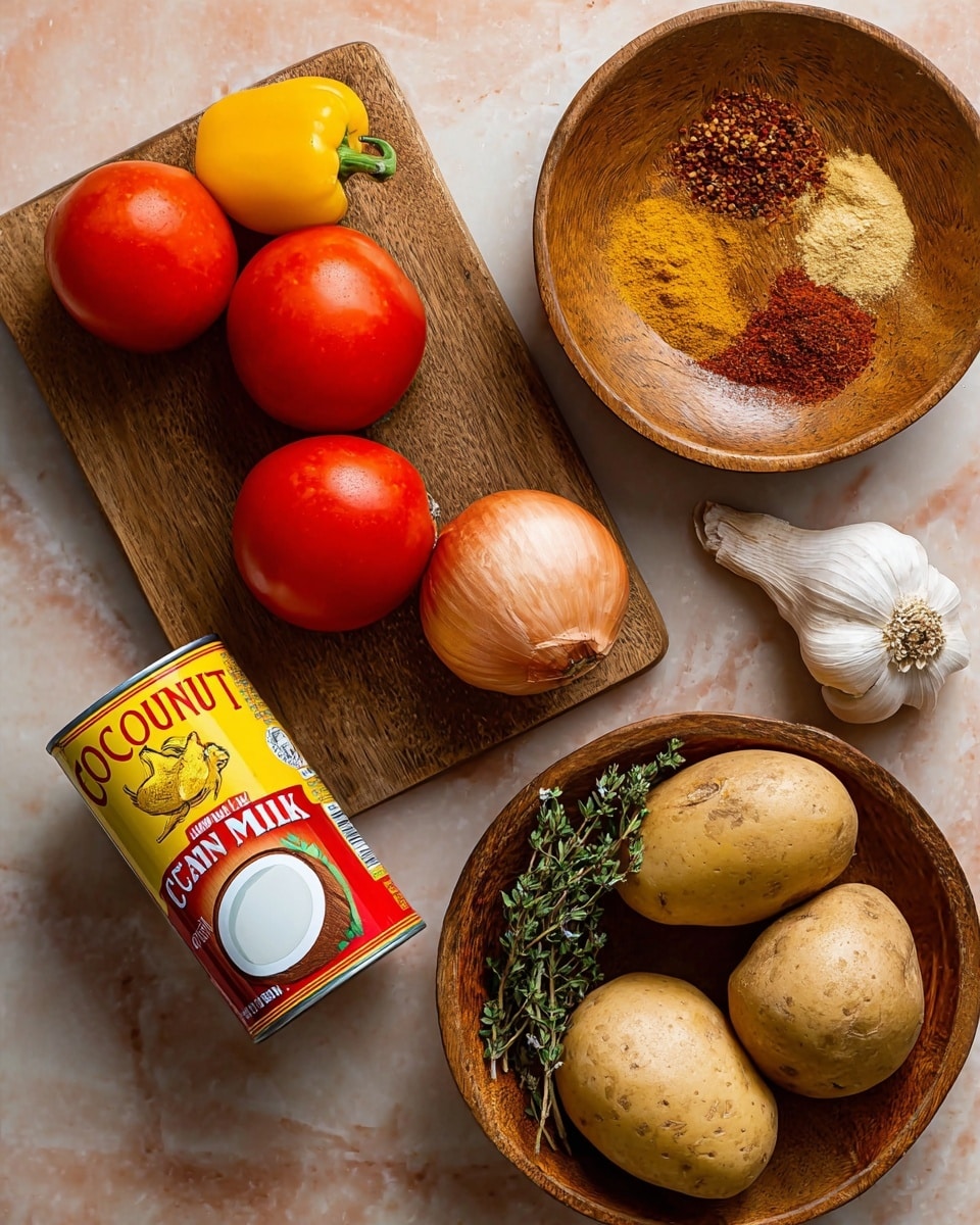 The image shows a wooden board with three tomatoes, a yellow pepper, and a small red pepper placed on top, all with smooth, fresh skins and bright colors. Below the board, a can of coconut milk with a red and yellow label sits standing upright on the white marbled surface. To the right, a wooden bowl holds two light brown potatoes, a whole brown onion, a garlic bulb, a piece of ginger, and a few sprigs of green thyme, all with natural textures. Above this bowl, another wooden bowl contains a mix of yellow, brown, and dark reddish spices forming small piles. The scene is set on a white marbled textured surface. photo taken with an iphone --ar 4:5 --v 7