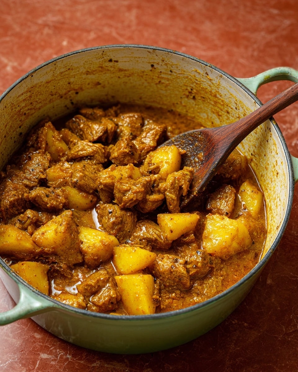 A round light green cast iron pot filled with a thick, golden-brown stew made of many chunks of meat and potatoes. The meat pieces are tender, textured with spices, and mixed closely with soft, yellow potato cubes all covered in a smooth, slightly oily sauce that looks rich and spicy. A wooden spoon rests inside the pot, partially lifting some of the stew, showing the moist, hearty texture. The pot sits on a white marbled surface with a warm, reddish-brown textured background. photo taken with an iphone --ar 4:5 --v 7