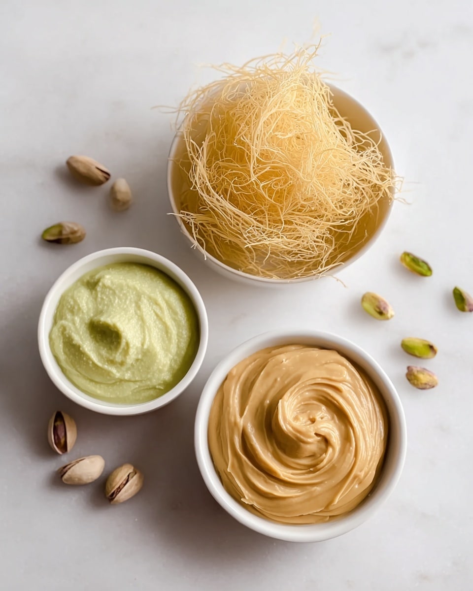The image shows three white bowls placed on a white marbled surface. The top bowl holds a nest-like pile of thin, pale yellow strands that look crispy and delicate, almost like shredded pastry. Below and to the left, there is a bowl with a smooth, light green creamy spread. Below and to the right, there's a bowl filled with a thick, tan-colored creamy spread with gentle swirls on its surface. Around the bowls, a few whole pistachio nuts and some loose strands of the pale yellow strands are scattered, adding natural texture to the scene. photo taken with an iphone --ar 4:5 --v 7