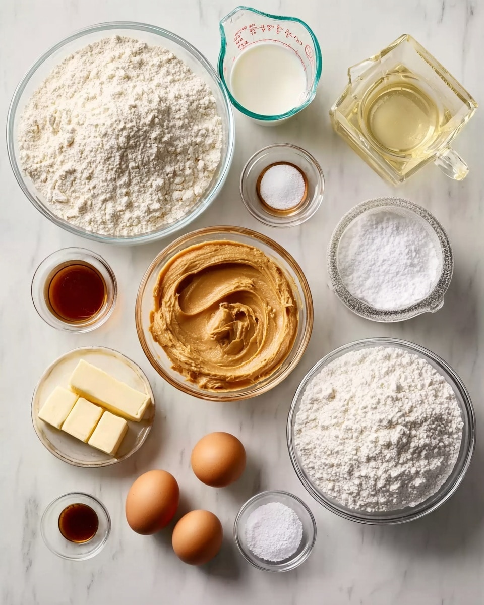 The image shows a white marbled surface with several clear glass bowls and measuring cups arranged neatly, each containing different ingredients. There are two large bowls, one filled with white flour and the other with powdered sugar, each showing a soft, powdery texture. A smaller bowl in the center holds smooth, creamy peanut butter with a light brown color. Nearby, a measuring cup contains clear water, another cup has a pale yellow oil, and a smaller glass has white milk. Two sticks of butter, pale yellow and wrapped in paper, sit next to a bowl with two whole brown eggs. A small glass bowl holds dark brown vanilla extract, and another tiny bowl has white baking powder. The ingredients are all clearly visible and well spaced, with no shadows. photo taken with an iphone --ar 4:5 --v 7