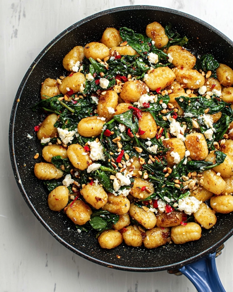 The image shows a black skillet filled with golden brown small potato gnocchi pieces mixed with fresh wilted dark green spinach leaves, scattered chunks of creamy white cheese, small toasted pine nuts sprinkled all over, and tiny bits of red chili or pepper. The skillet rests on a white marbled surface, highlighting the contrast between the warm colors of the food and the cool background. The gnocchi looks lightly browned and crispy, creating a mix of textures with the soft cheese and spinach. Photo taken with an iphone --ar 4:5 --v 7