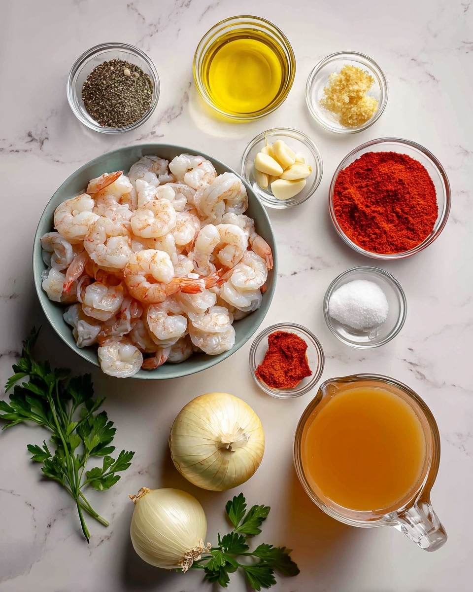 The image shows a top view of various ingredients arranged on a white marbled surface. At the center, there is a bowl filled with raw shrimp, with a mix of pink and white colors and slightly translucent texture. Surrounding the bowl are small glass containers holding bright red paprika powder, vibrant red tomato paste, dark black pepper, coarse white sea salt, golden yellow extra virgin olive oil, and creamy white heavy cream in a glass jug. A small glass bowl contains light brown garlic cloves, while two whole onions with pale yellow skin sit nearby. Fresh green parsley leaves are placed on the bottom left side, and a clear glass cup with light brown vegetable broth is positioned near the bottom center. All items are neatly spaced and clearly visible. Photo taken with an iphone --ar 4:5 --v 7