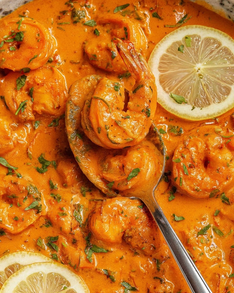 This image shows a thick orange sauce with many cooked shrimp mixed inside, covered evenly in the creamy texture. Small bright green herb pieces are sprinkled throughout the sauce, adding color contrast. On top of the sauce, two white lemon wedges with visible pulp sit at the edges, brightening the scene. A metal spoon holds several shrimp in the center, slightly lifting them out of the sauce, with the shrimp showing their pink-orange shells and curved bodies. The background is a white marbled texture. photo taken with an iphone --ar 4:5 --v 7