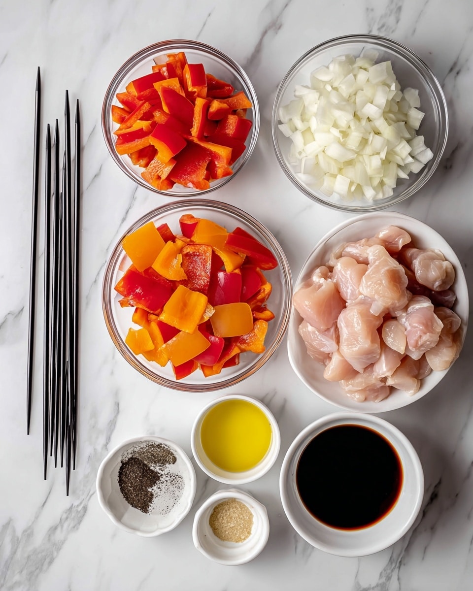 The image shows several ingredients arranged on a white marbled surface. There are eight long, black skewers on the left side. In the top right, a clear glass bowl holds light pink raw chicken pieces. Below that is another clear bowl with white chopped onions. To the bottom left, a white bowl contains chopped red and orange bell peppers. In the middle row, from left to right, there is a small white bowl with dark black pepper, a small clear bowl with minced garlic, and a small white bowl filled with light yellow oil. Finally, in the bottom right corner, there is a small white bowl with a dark brown sauce. Photo taken with an iphone --ar 4:5 --v 7
