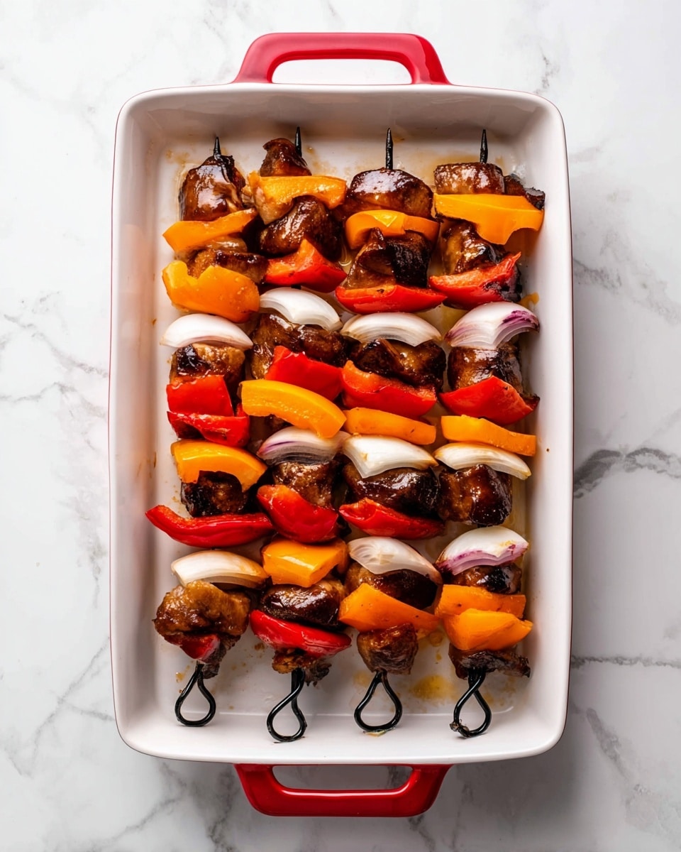The image shows four skewers inside a white rectangular baking dish with red handles, placed on a white marbled surface. Each skewer has several layers starting with dark brown marinated chunks of chicken, followed by thick pieces of white onion, bright orange bell pepper slices, more marinated dark brown chicken pieces, another layer of white onion, red bell pepper slices, and finishing with more dark marinated chicken pieces. The skewers are black and have looped ends resting at the bottom of the dish. The colors on the skewers contrast well with the clean white dish and marble background, making the food look fresh and well-prepared. photo taken with an iphone --ar 4:5 --v 7