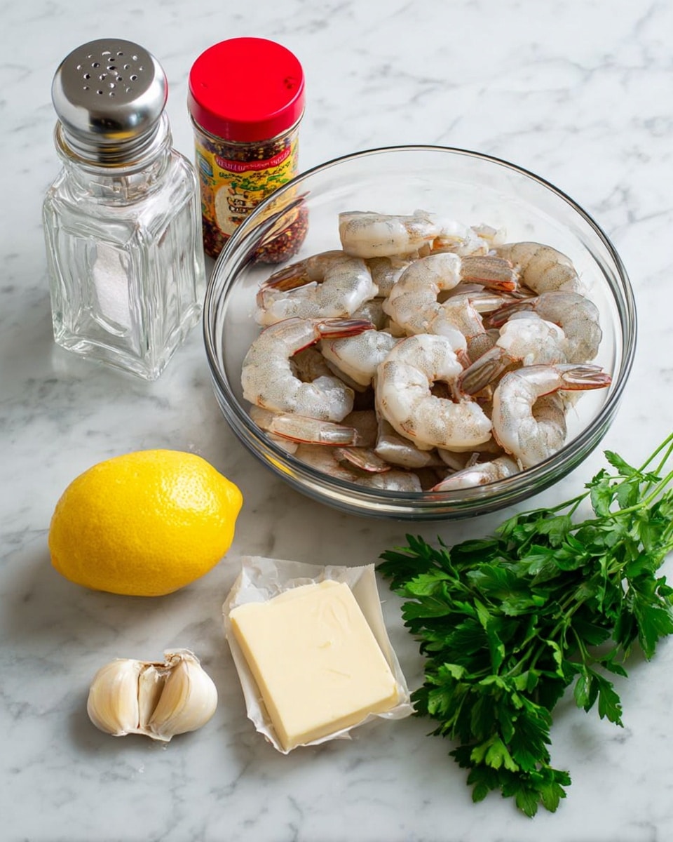 The image shows a clear glass bowl filled with raw shrimp, light grey with hints of pink and shells on, placed on a white marbled surface. To the left of the bowl, there is a glass salt shaker, a bottle of red pepper flakes with a red top, and a whole bright yellow lemon. In front of the bowl, there are three cloves of garlic with pale skin and a small block of pale butter with paper wrapping partially opened. To the right side, fresh green parsley leaves with stems are spread out. The background is a white marbled texture. photo taken with an iphone --ar 4:5 --v 7