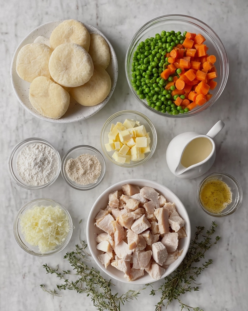 The image shows several small glass bowls and white dishes arranged on a white marbled surface. There is a white bowl with evenly chopped cooked chicken pieces with light brown edges at the bottom center. Above it, a clear glass bowl holds bright green peas mixed with orange carrot cubes. To the left, a white shallow bowl contains five round, pale beige, soft-looking bread rounds stacked slightly. Around these are small glass bowls filled with finely chopped white onions, soft yellow butter chunks, flour, dried herbs, and a beige powder, along with a small white jug with a creamy white liquid and another small white jug containing a yellow sauce with a grainy texture. Fresh green thyme sprigs lie near the chicken bowl. The overall feel is clean and organized, with fresh and cooked ingredients ready for cooking. photo taken with an iphone --ar 4:5 --v 7