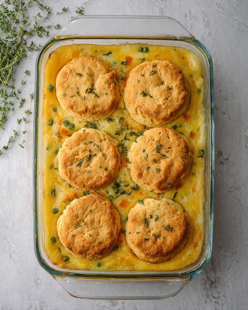 A rectangular clear glass baking dish holds a layered casserole. The bottom layer is a thick golden-yellow mixture with small green herbs scattered inside. On top of this are five large, round, golden-brown biscuit pieces placed in a roughly circular pattern with small round biscuit pieces filling the gaps between them. The biscuit tops have a cracked, rough texture and are sprinkled lightly with green herbs. The dish sits on a white marbled surface, and some green herb sprigs are visible in the top left corner. Photo taken with an iphone --ar 4:5 --v 7