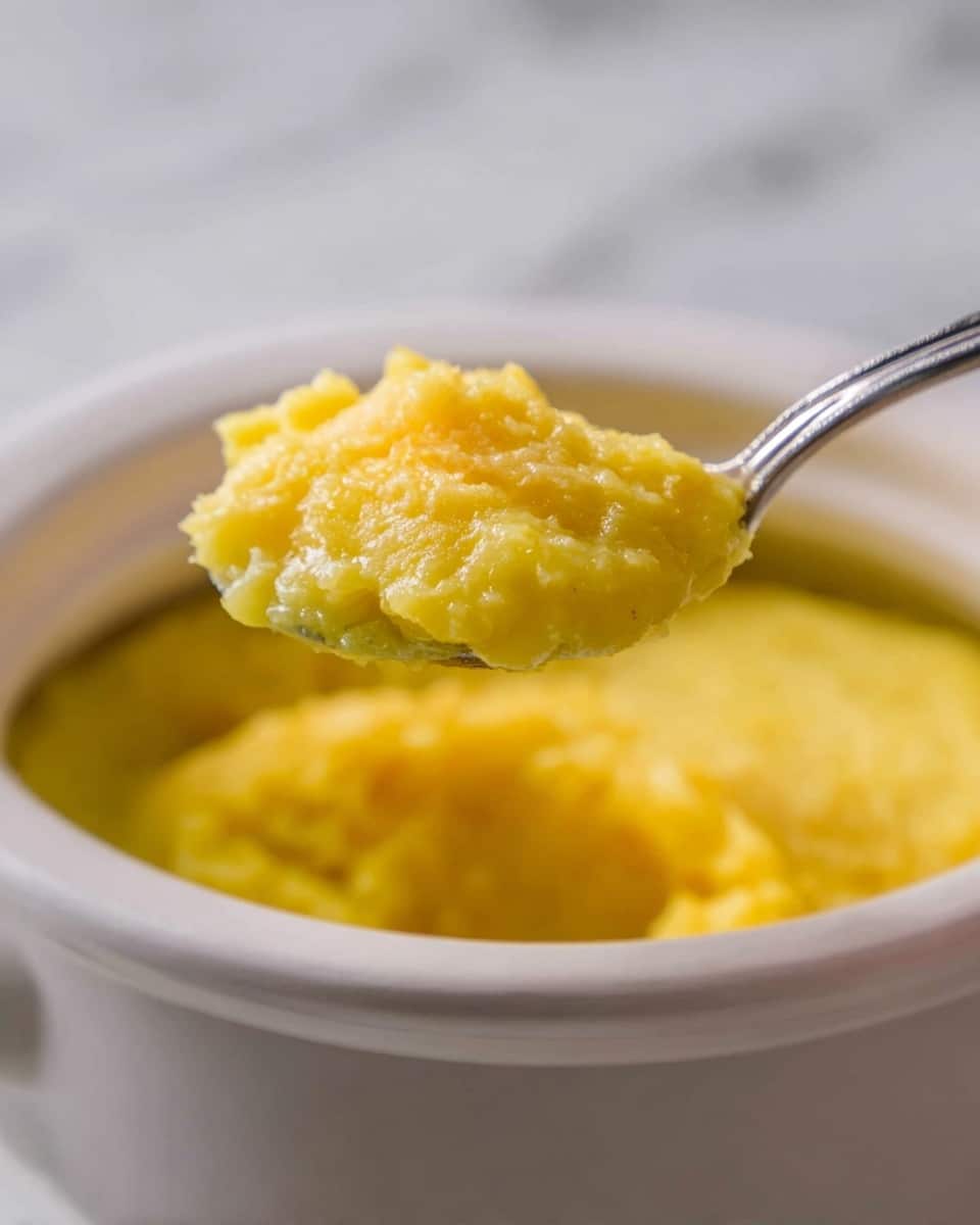A close-up image shows a spoon holding a portion of a soft, yellow, mashed dish taken from a white bowl. The dish appears to be a thick, smooth mixture featuring small lumps and a slightly shiny texture, indicating creaminess. The background is softly blurred, focusing on the spoonful which sits above the rest of the bright yellow food inside the bowl, which fills the lower half of the image. The surface beneath the bowl appears to be a white marbled texture. photo taken with an iphone --ar 4:5 --v 7