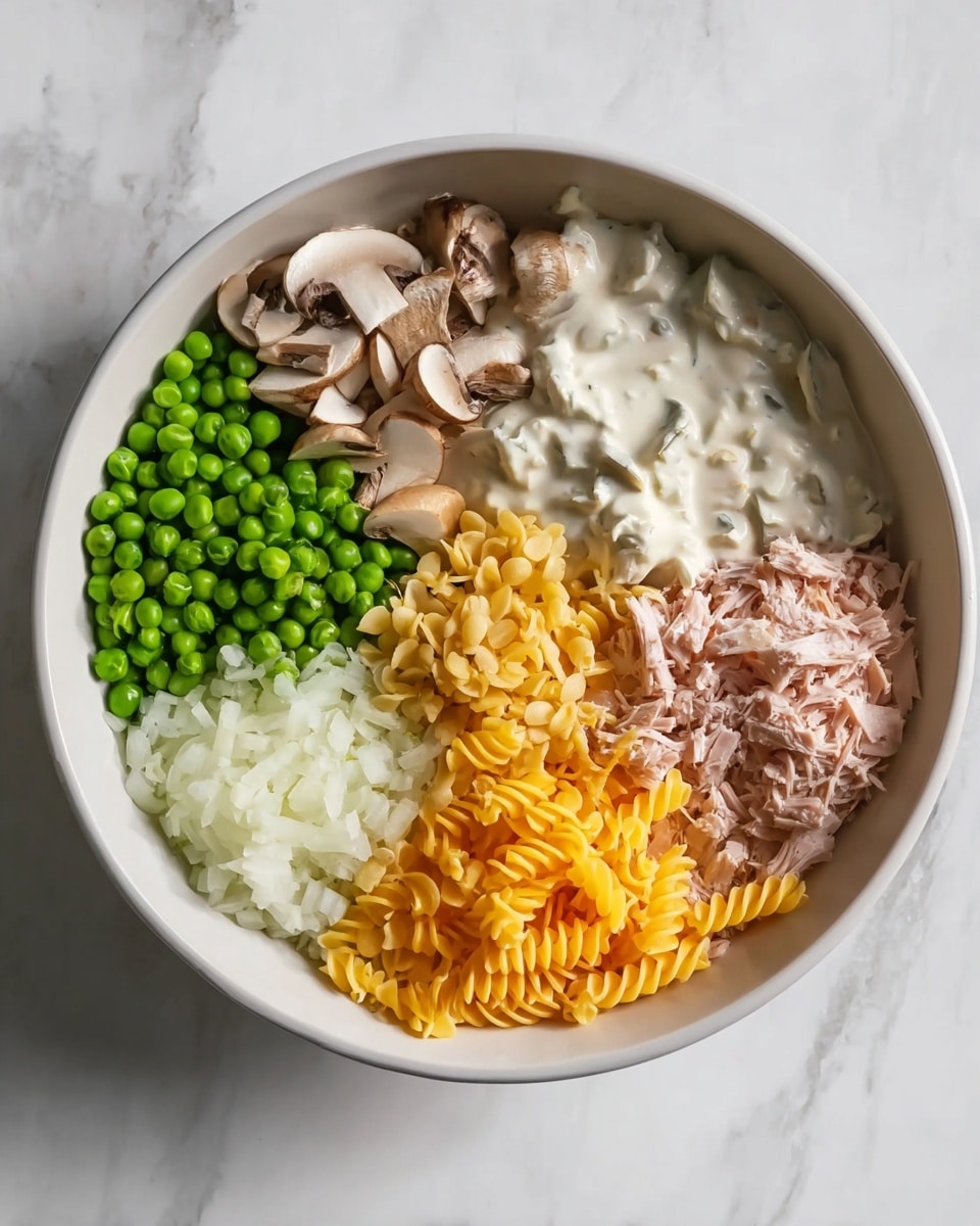 A white bowl on a white marbled surface holds six separate layers of ingredients arranged in a circle. At the top left are small green peas, next to light brown sliced mushrooms at the top center, followed by a creamy white sauce with visible small chunks at the top right. Below the sauce on the right side is a heap of finely shredded orange cheddar cheese. At the bottom center there is shredded pinkish tuna, and to the left of it are finely chopped white onions. Near the center, a small pile of curly yellow egg noodles is placed. The ingredients are fresh and neatly arranged, showing different textures and colors. Photo taken with an iphone --ar 4:5 --v 7