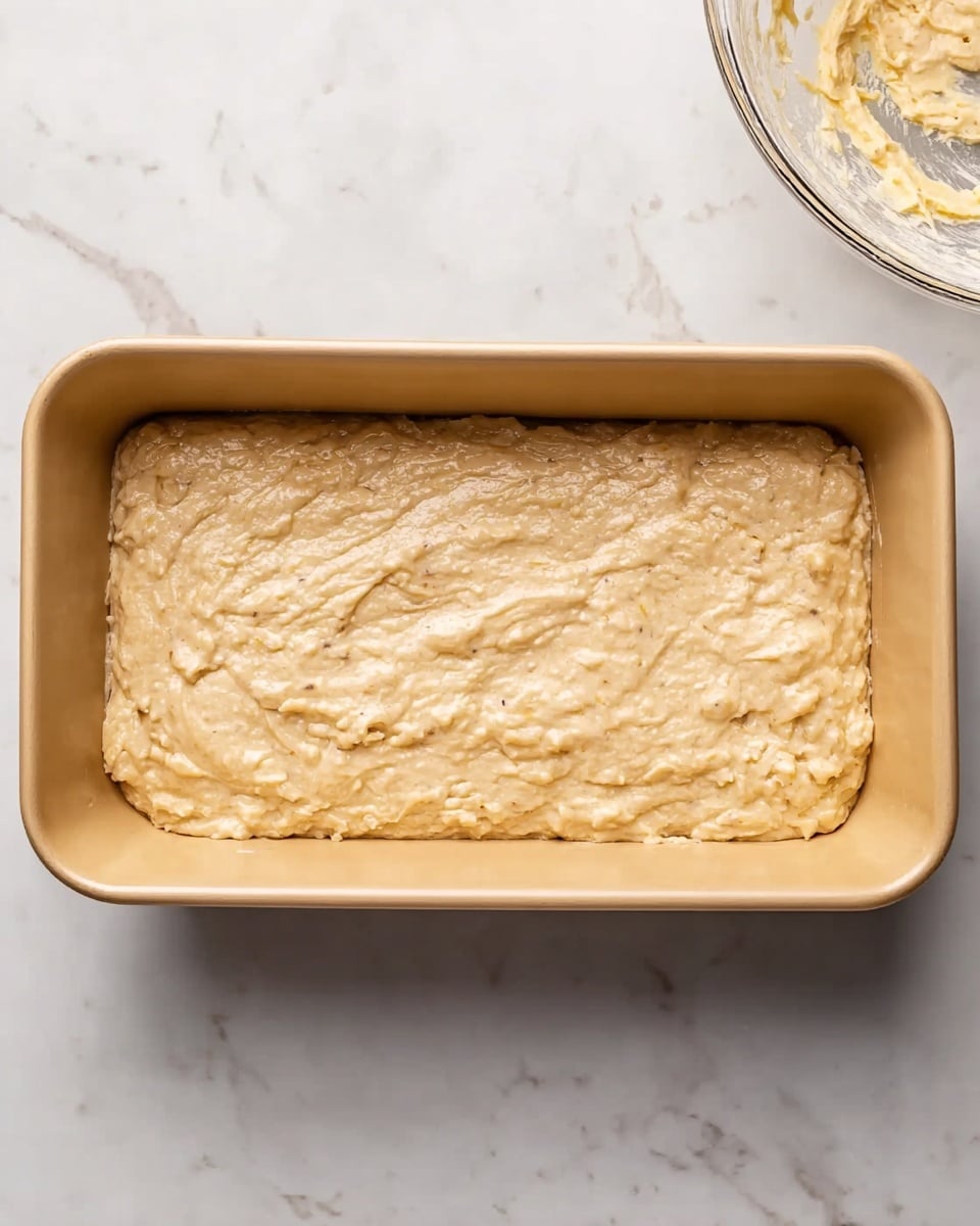 A beige rectangular baking pan filled with a thick, creamy batter that has small visible pieces of banana and a slightly uneven surface. The pan rests on a white marbled surface, and in the top right corner, part of a transparent bowl with some leftover batter is visible. The batter layer covers the entire bottom of the pan smoothly, showing a dense and moist texture. Photo taken with an iphone --ar 4:5 --v 7