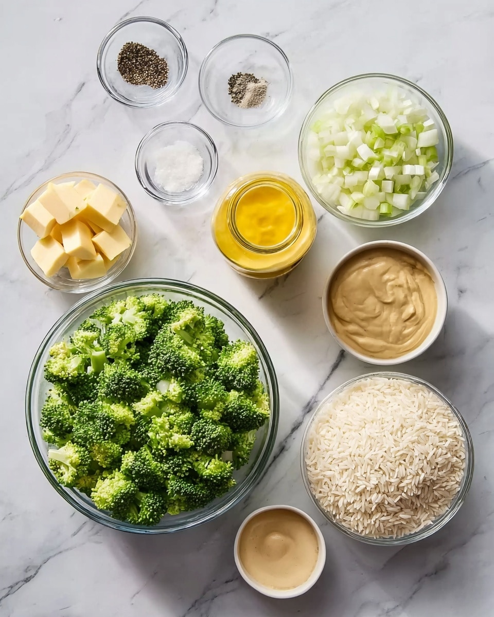 The image shows ingredients laid out on a white marbled surface for making a dish. At the center is a large clear glass bowl filled with many small pieces of bright green broccoli. To its top right, there is a medium clear glass bowl with chopped white onions. Above it, a small clear glass bowl contains black pepper. On the left side, near the top, a small clear glass bowl holds salt. Below it is another small clear glass bowl with softened yellow butter cubes. To the right of the broccoli bowl, two small beige bowls hold thick beige sauce or paste. Next to them, an open jar of bright yellow cheese sauce or mustard is placed. A large clear glass bowl filled with white uncooked rice is placed left of the broccoli bowl. The overall colors include green, white, light yellow, and beige, all arranged neatly on the smooth white marbled surface. Photo taken with an iphone --ar 4:5 --v 7
