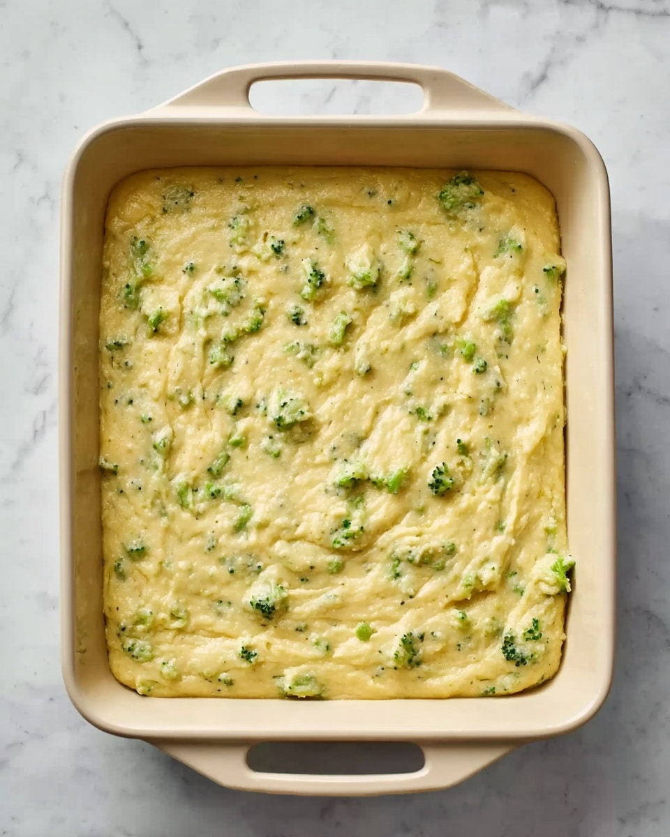 A cream-colored rectangular baking dish filled with a thick, creamy, pale yellow mixture with small pieces of green broccoli evenly spread throughout. The surface of the mixture has a slightly rough, furrowed texture indicating it has been smoothed out but not completely flat. The dish sits on a white marbled surface, and the handles of the baking dish are visible on each side. photo taken with an iphone --ar 4:5 --v 7