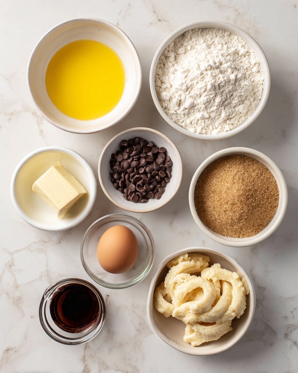 The image shows seven white bowls and a small glass jug arranged on a white marbled surface. In the top right, a bowl holds a fluffy mix of white all-purpose flour, baking powder, and salt. Below it, a bowl is filled with light brown sugar with a crumbly texture. To the left of that, a bowl contains bright yellow melted butter. Below the butter, a bowl is filled with small, dark brown chocolate chips. Centered is a small bowl with a single brown egg. Toward the bottom left, a small clear glass bowl holds dark brown vanilla extract. Lastly, in the bottom right, a small glass jug contains mashed banana, creamy with a slightly chunky texture. Each ingredient is clearly separated and easy to see. Photo taken with an iphone --ar 4:5 --v 7
