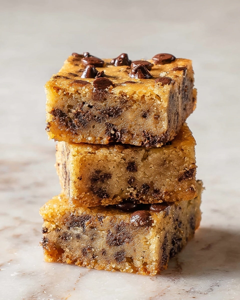 Three square pieces of light golden brown dessert bars are stacked vertically on a white marbled surface. Each bar has a soft, moist texture with many small dark chocolate bits mixed evenly throughout all layers, making the bars look rich and chunky. The top piece shows some melted chocolate chips glistening in the light, adding a slightly shiny contrast to the matte golden base. The edges of the bars are slightly crisp and give a crumbly impression. photo taken with an iphone --ar 4:5 --v 7