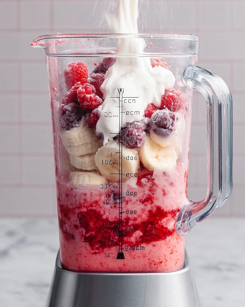 The image shows a blender filled with mixed ingredients for a smoothie on a white marbled surface. Inside the clear blender jar, there are several layers: at the bottom is a crushed red mixture of berries, above that is a layer of whole and sliced fruits including bananas and whole raspberries in red and purple colors, and at the top is a dollop of thick white cream or yogurt. The blender jar has measurements marked in black on the front, and the blender handle is metallic silver. There is some white liquid splashing inside the jar, adding texture and movement to the image. photo taken with an iphone --ar 4:5 --v 7