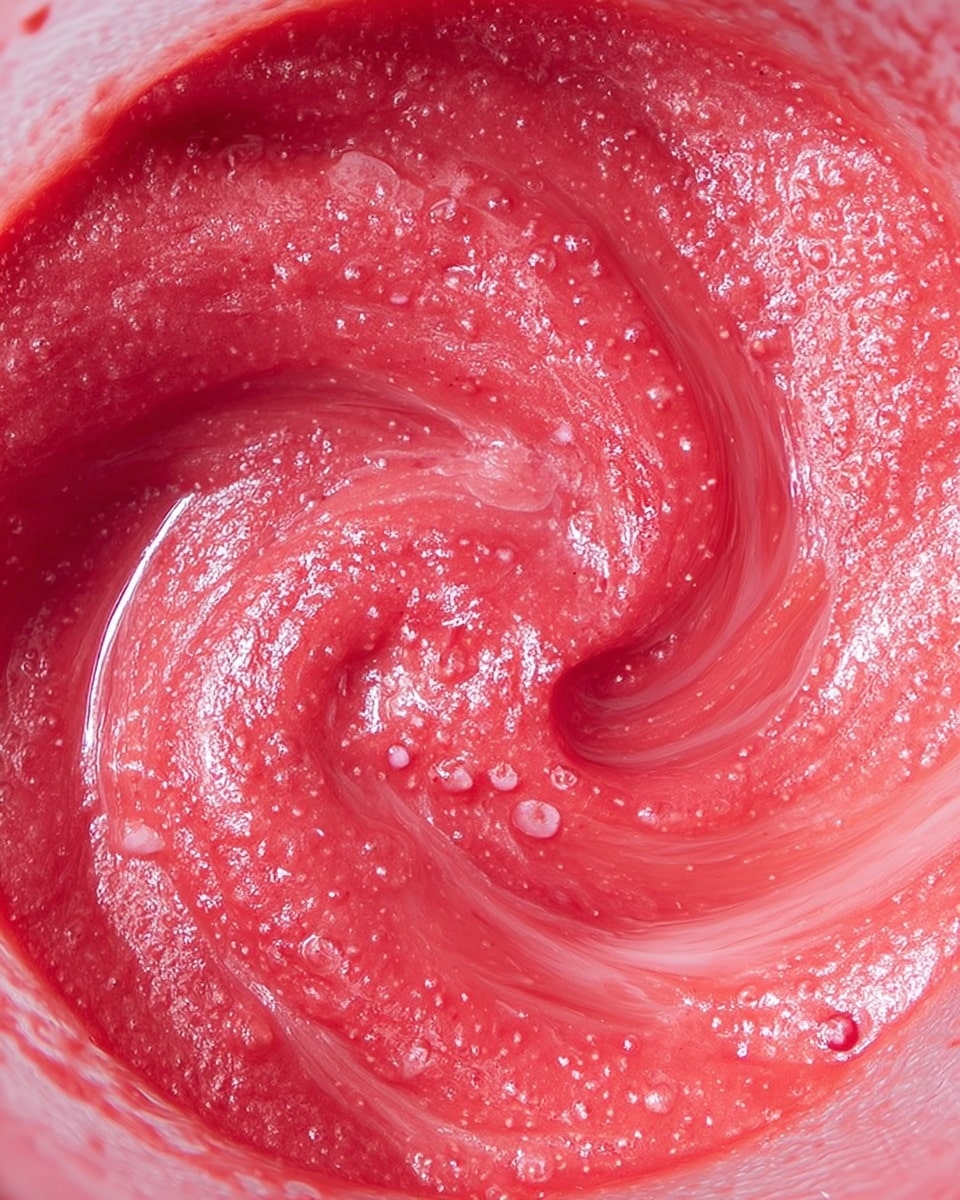 The image shows a thick, bright pink mixture being stirred in a clear container, creating a deep swirl in the center. The texture of the mixture is smooth but slightly grainy with some small bubbles and pieces visible throughout. The surface looks shiny and wet, and the motion of stirring gives a sense of movement and blending in the dish. photo taken with an iphone --ar 4:5 --v 7